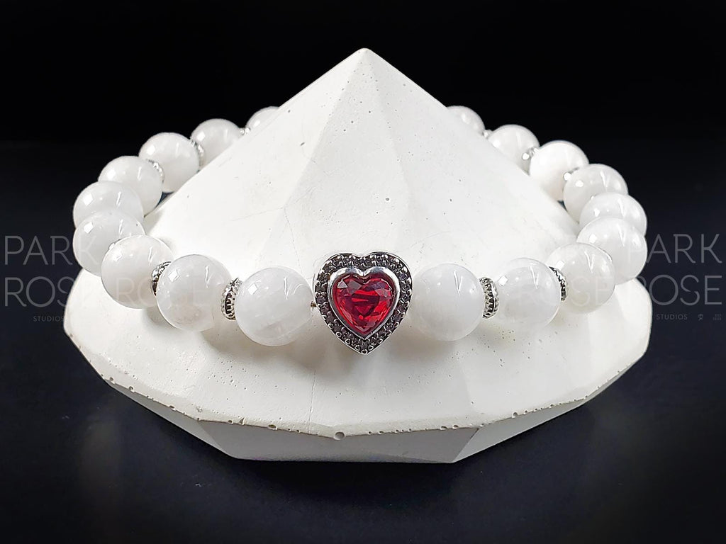 Moonstone Beaded Bracelet | Sterling Silver Red Zirconia Heart Charm