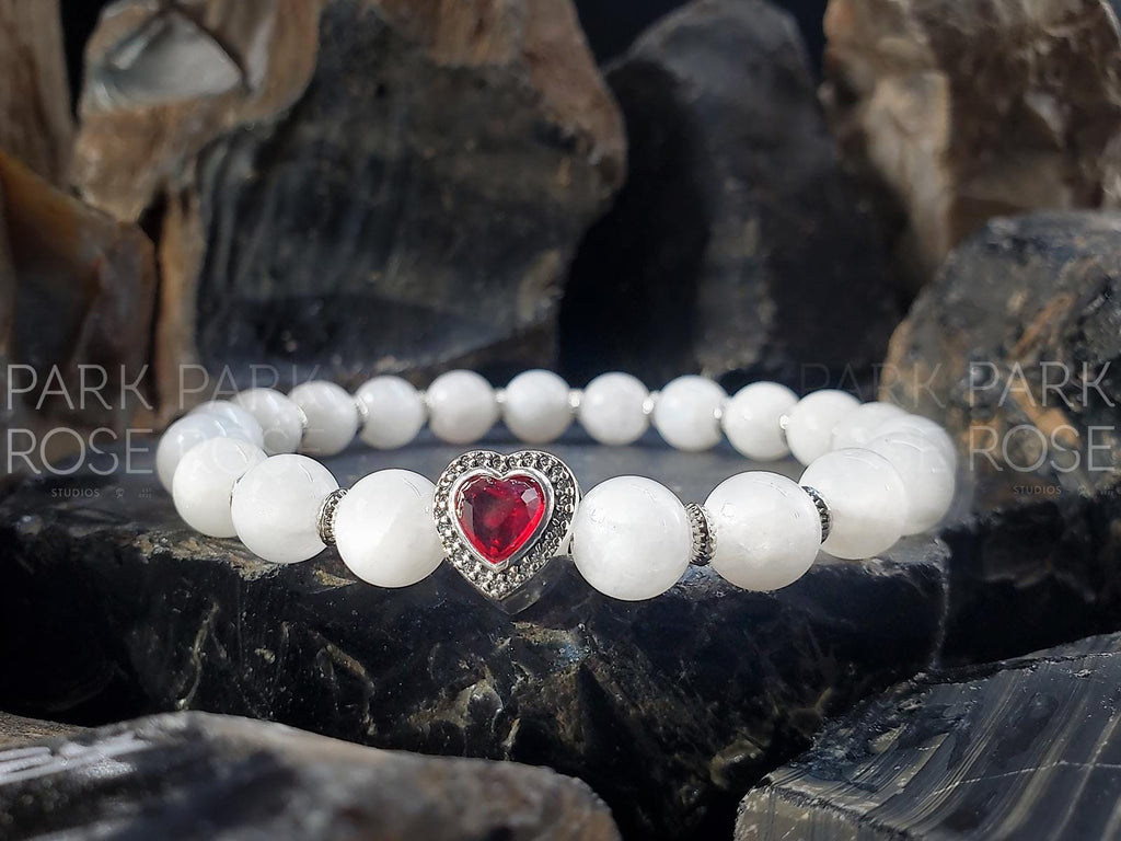 Moonstone Beaded Bracelet | Sterling Silver Red Zirconia Heart Charm