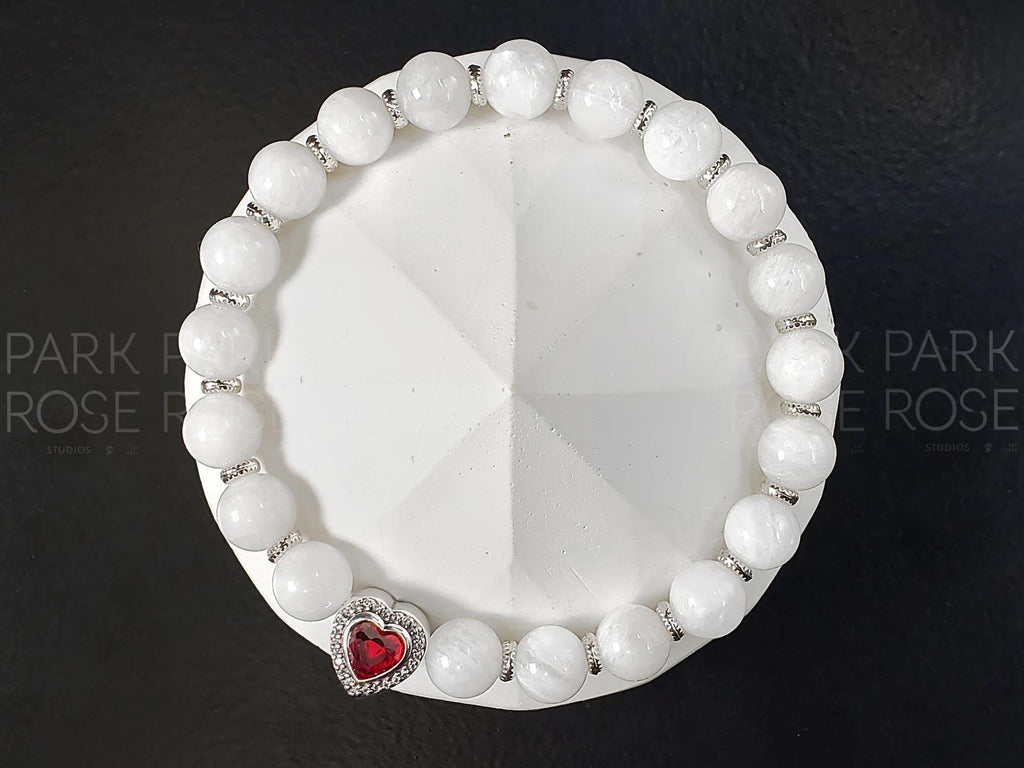 Moonstone Beaded Bracelet | Sterling Silver Red Zirconia Heart Charm