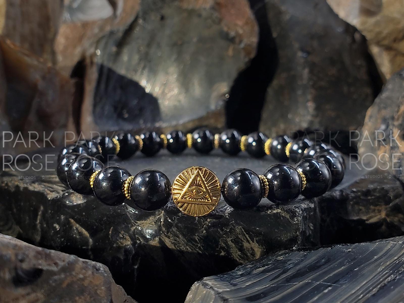 Black Tourmaline Gemstone Bracelet: Stainless Steel Evil Eye Charm (8mm)