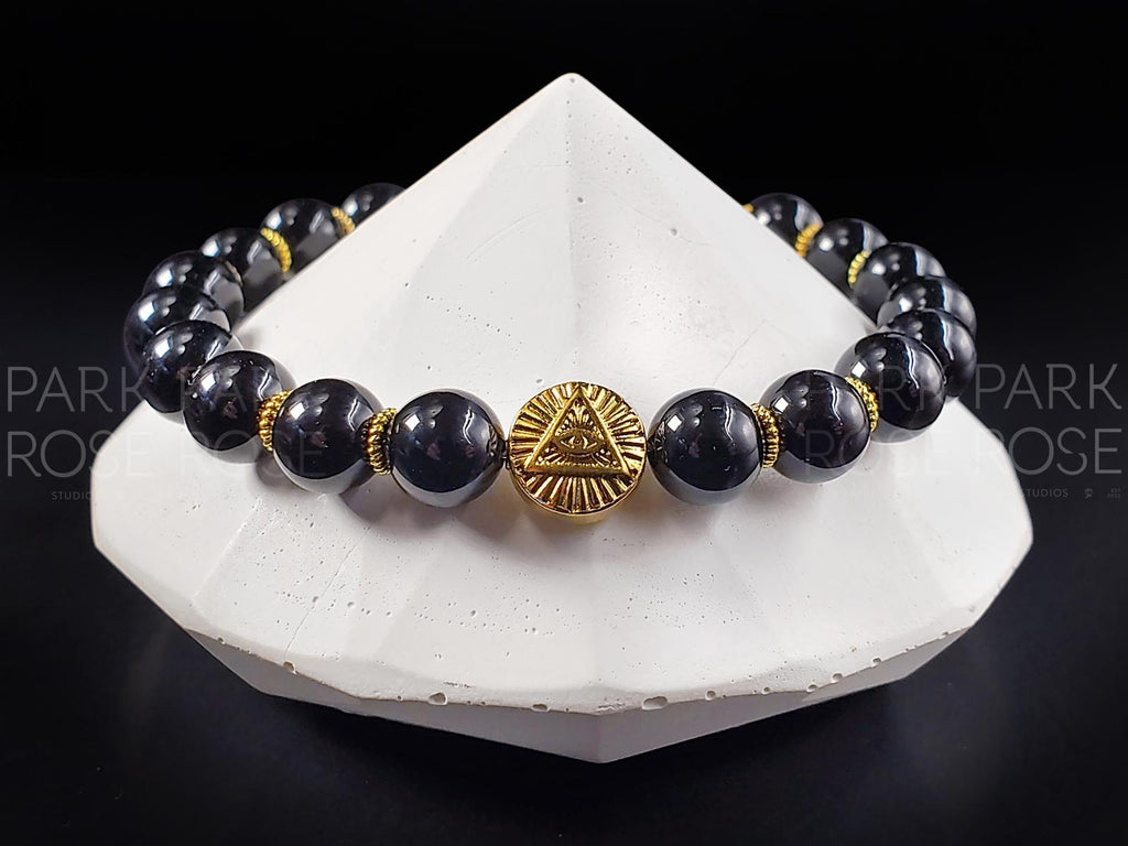 Black Tourmaline Gemstone Bracelet: Stainless Steel Evil Eye Charm (8mm)