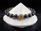 Black Tourmaline Gemstone Bracelet: Stainless Steel Evil Eye Charm (8mm)