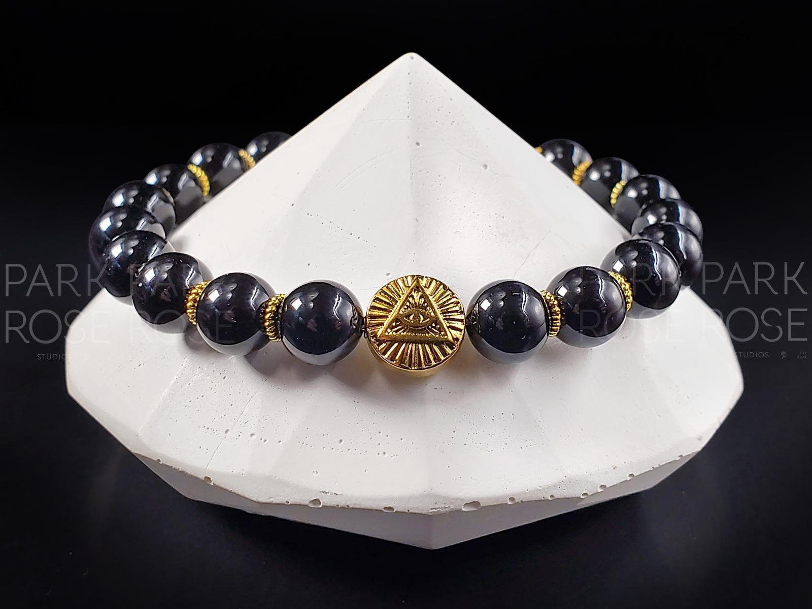 Black Tourmaline Gemstone Bracelet: Stainless Steel Evil Eye Charm (8mm)