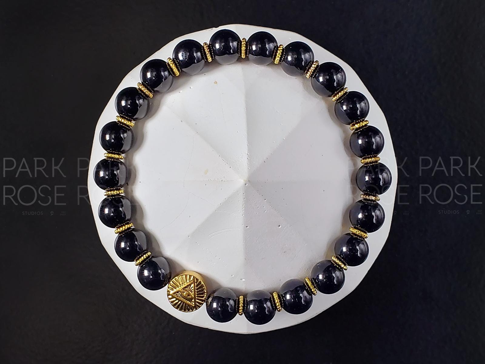 Black Tourmaline Gemstone Bracelet: Stainless Steel Evil Eye Charm (8mm)