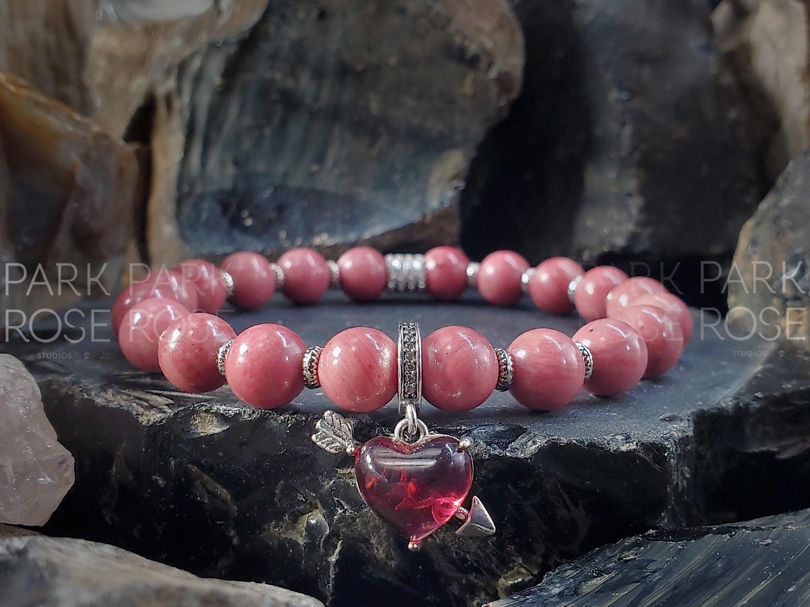 Sterling Silver Zirconia Bow & Arrow Rhodonite Bracelet
