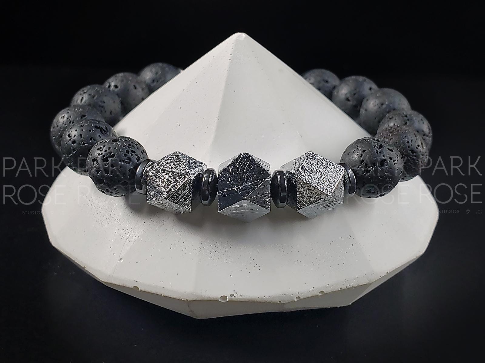 Certified Gibeon Meteorite Bracelet: Black Lava Diffuser(10mm)