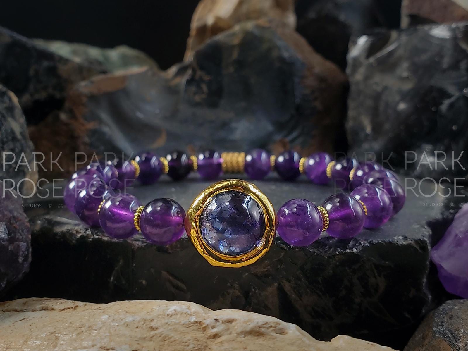 Amethyst Bracelet: Murano Glass, Gold Plated Bead
