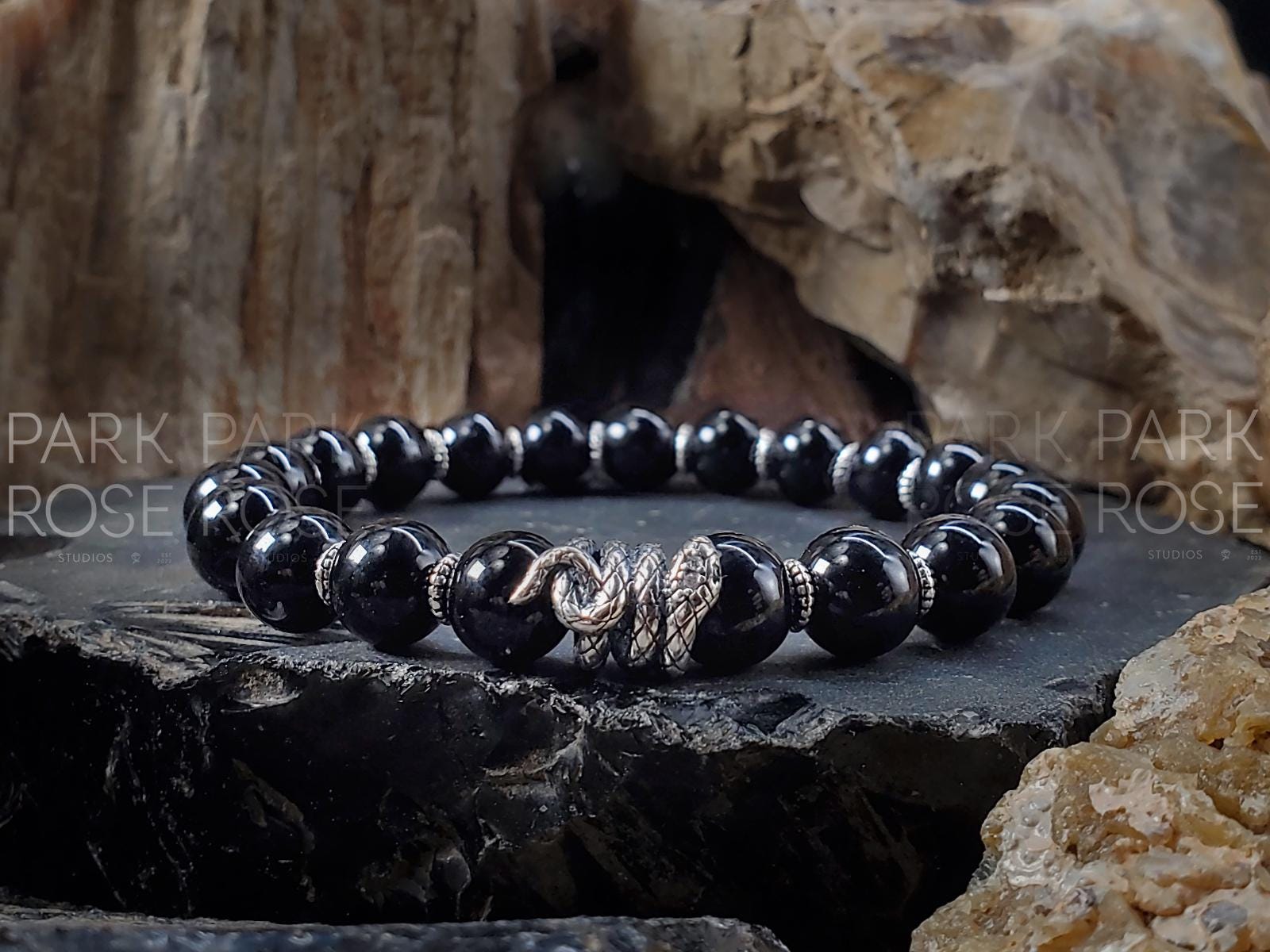 Black Tourmaline Gemstone Bracelet: Sterling Silver Snake Charm (8mm)
