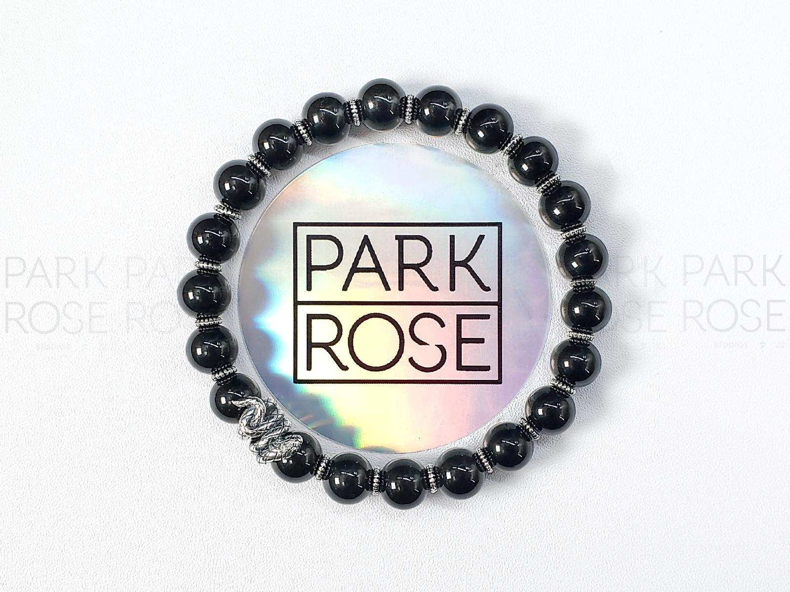 Black Tourmaline Gemstone Bracelet: Sterling Silver Snake Charm (8mm)