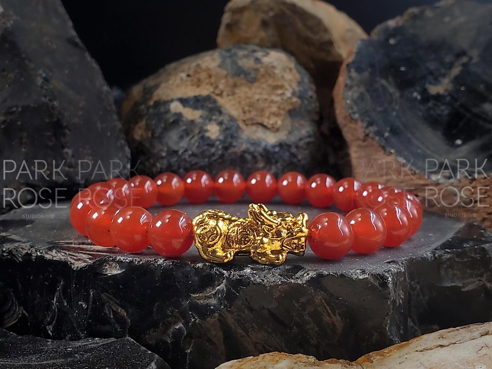 Red Carnelian Bracelet: 24K Gold Plated Pixiu (6/8/10mm)