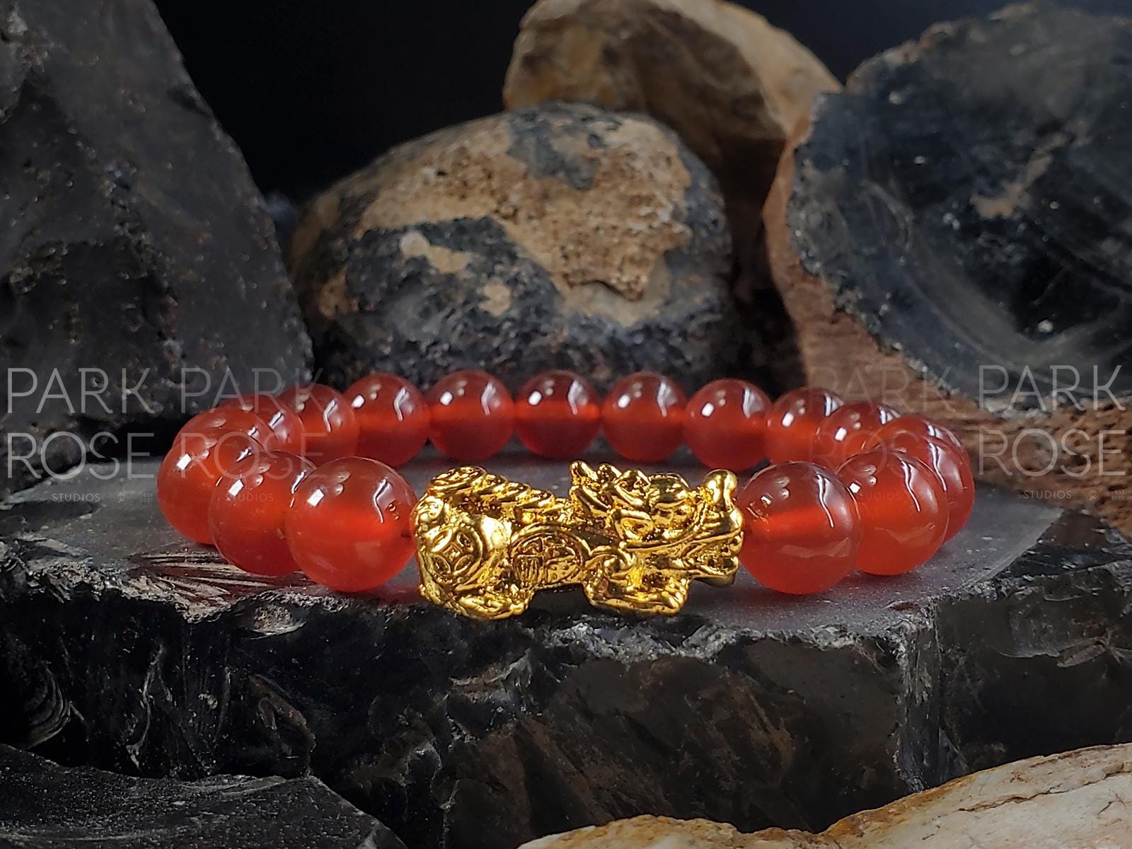 Red Carnelian Bracelet: 24K Gold Plated Pixiu (6/8/10mm)