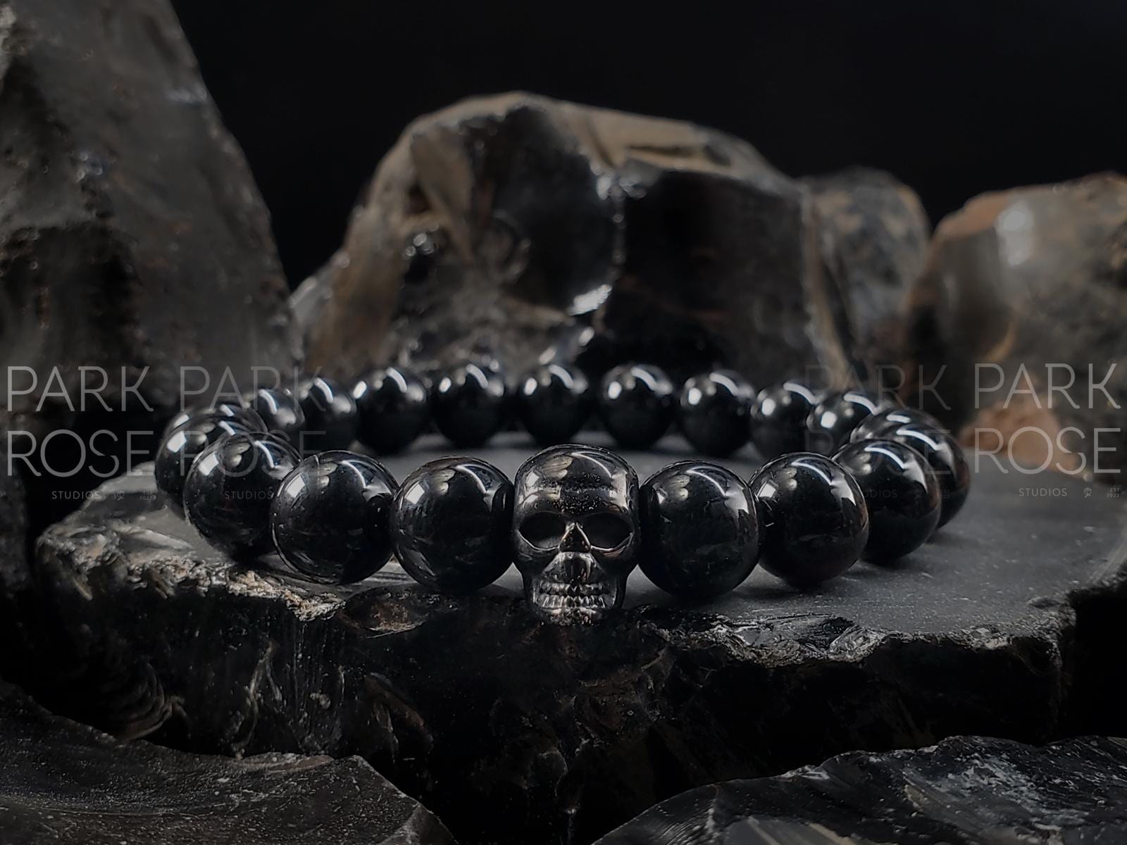 Black Tourmaline Stainless Steel Skull Bracelet