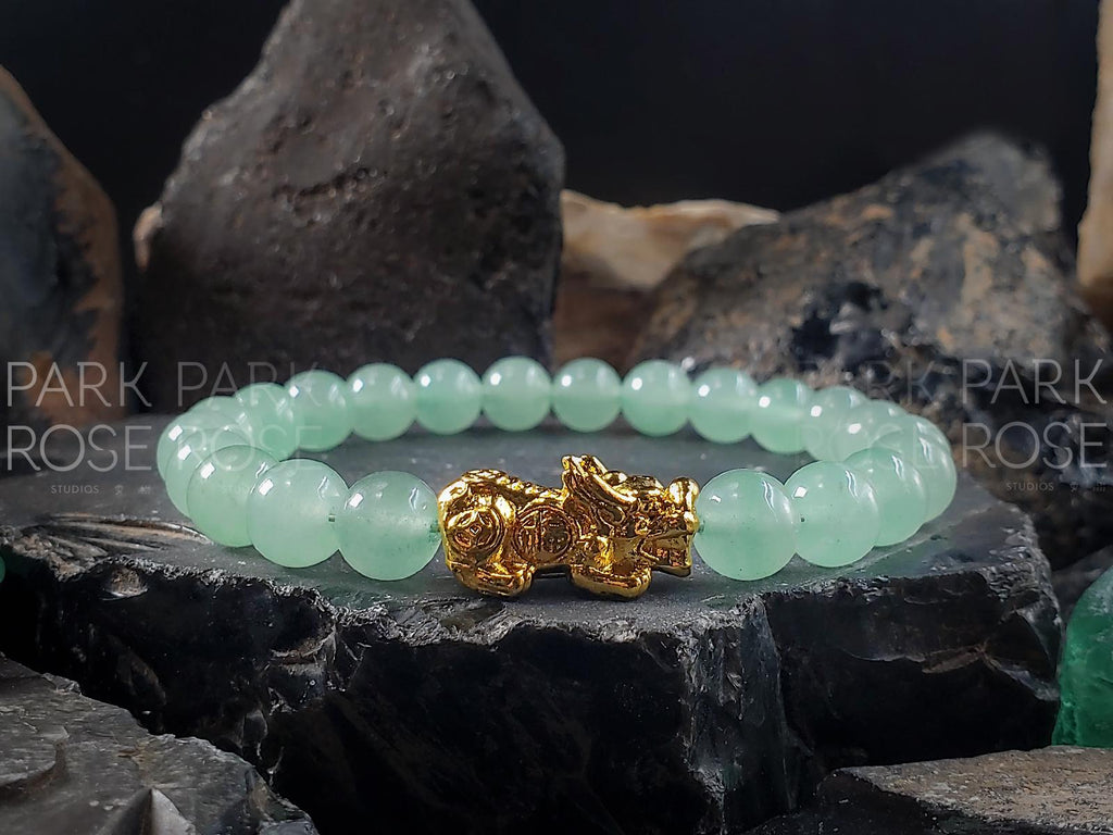 Green Aventurine Bracelet: 24K Gold Plated Pixiu