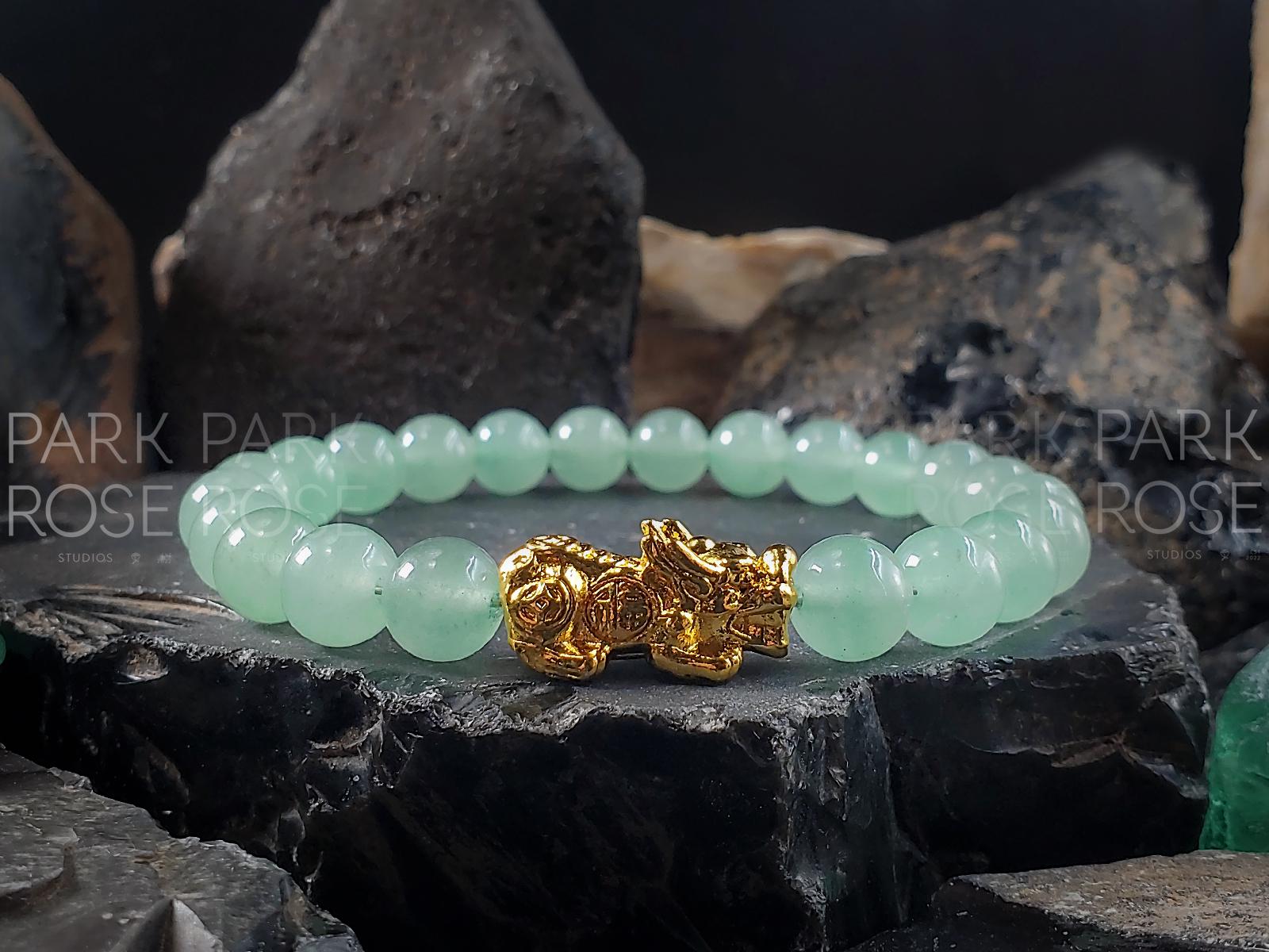 Green Aventurine Bracelet: 24K Gold Plated Pixiu