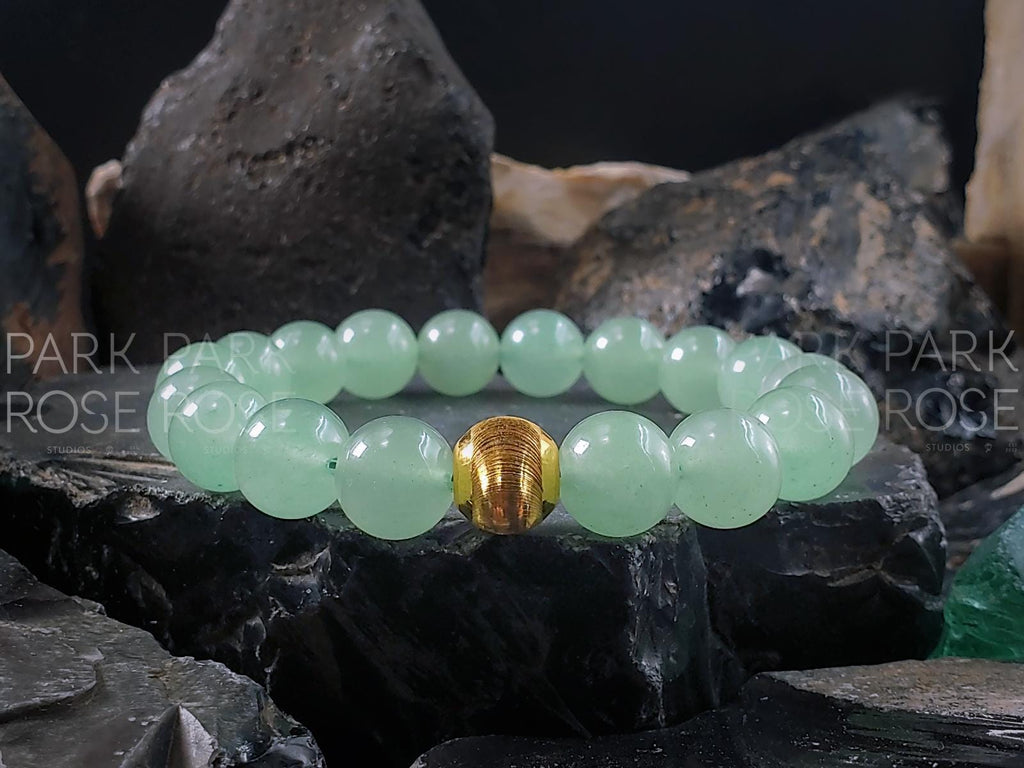 Green Aventurine Bracelet with 24K Solid Gold Cat Eye Bead