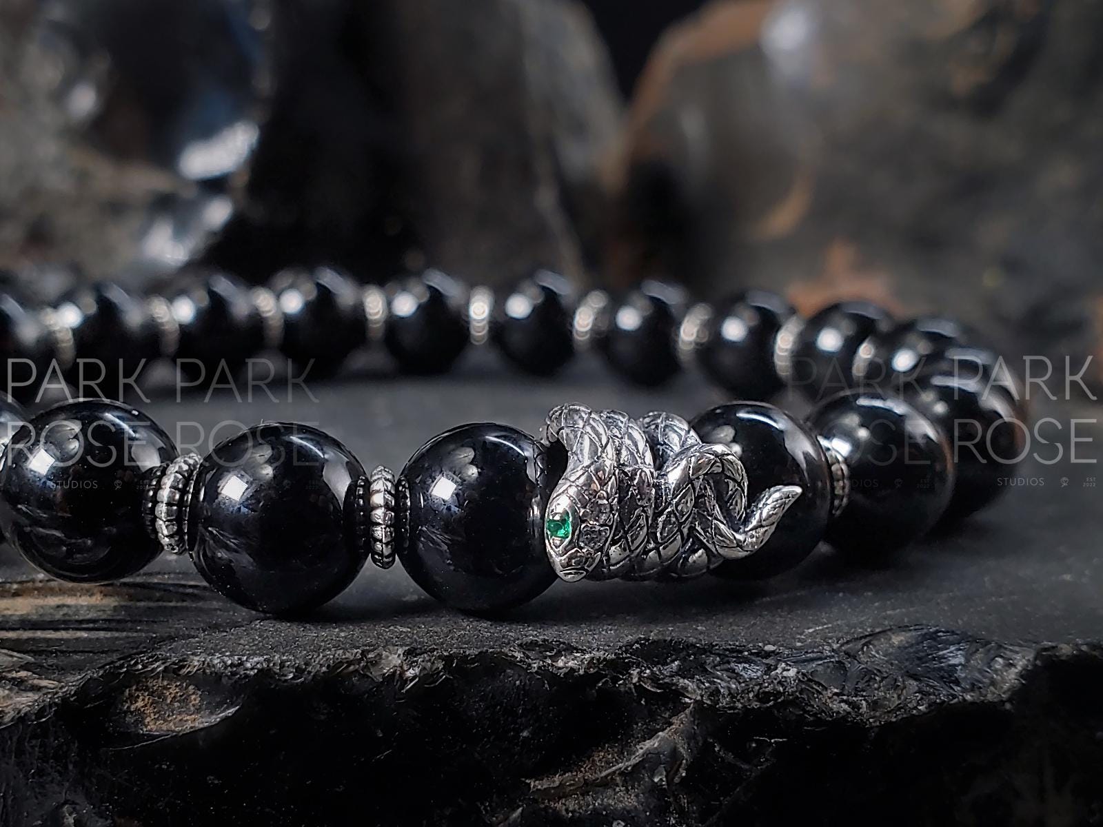 Black Tourmaline Gemstone Bracelet: Sterling Silver Snake Charm (8mm)