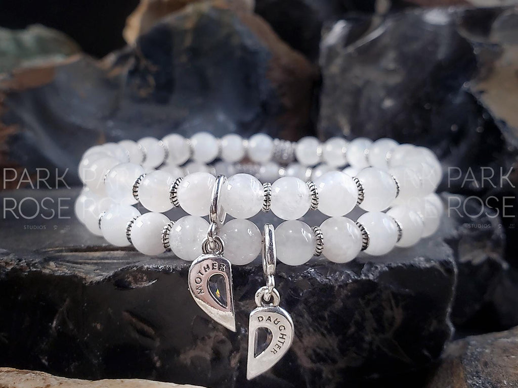 Moonstone Mother Daughter Bracelet Set: Sterling Silver Half Heart Charm
