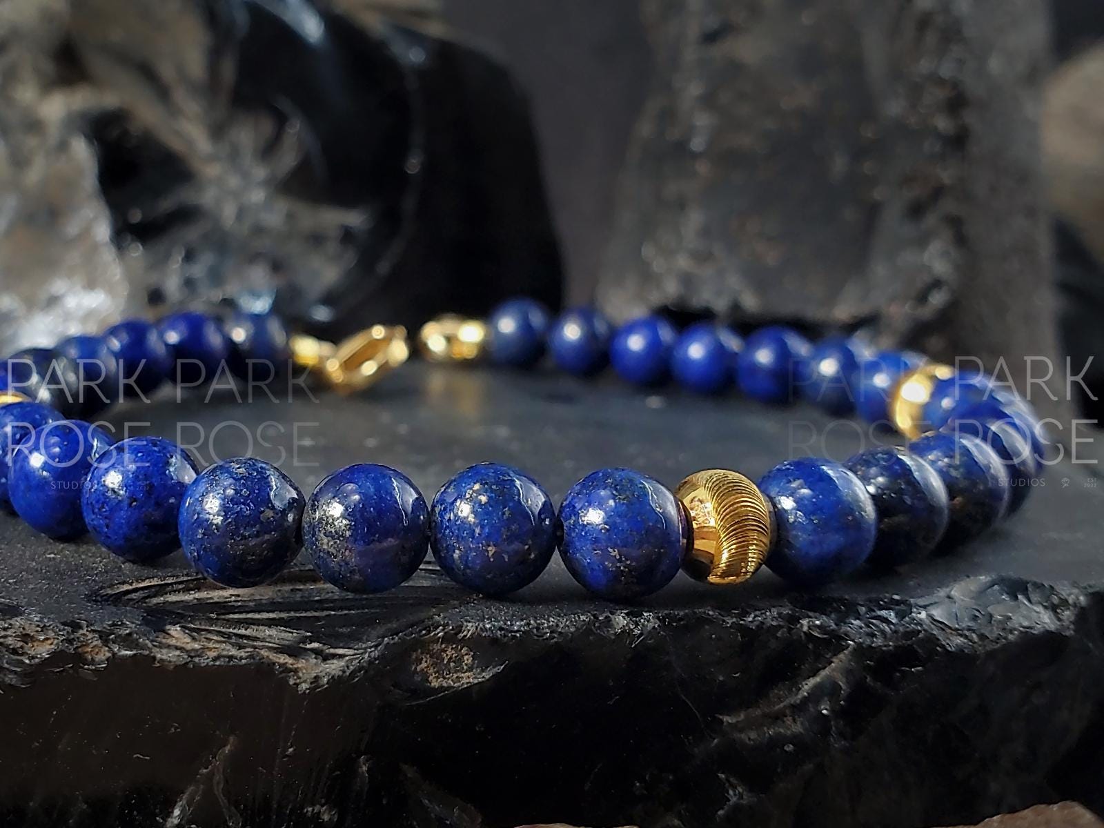 Lapis Lazuli Bracelet with 24K Gold Cat Eye Beads (6mm)