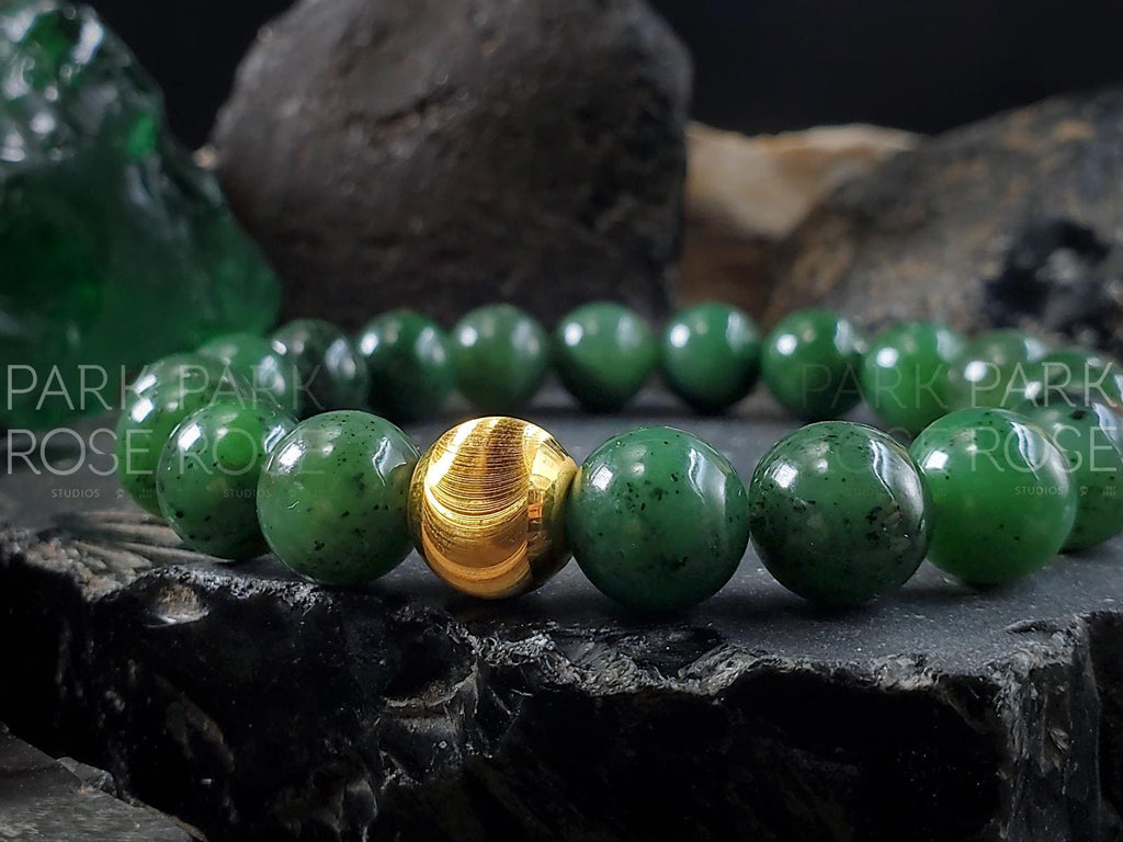 Nephrite Green Jade Bracelet: 24K Gold Cat Eye Bead (10mm)
