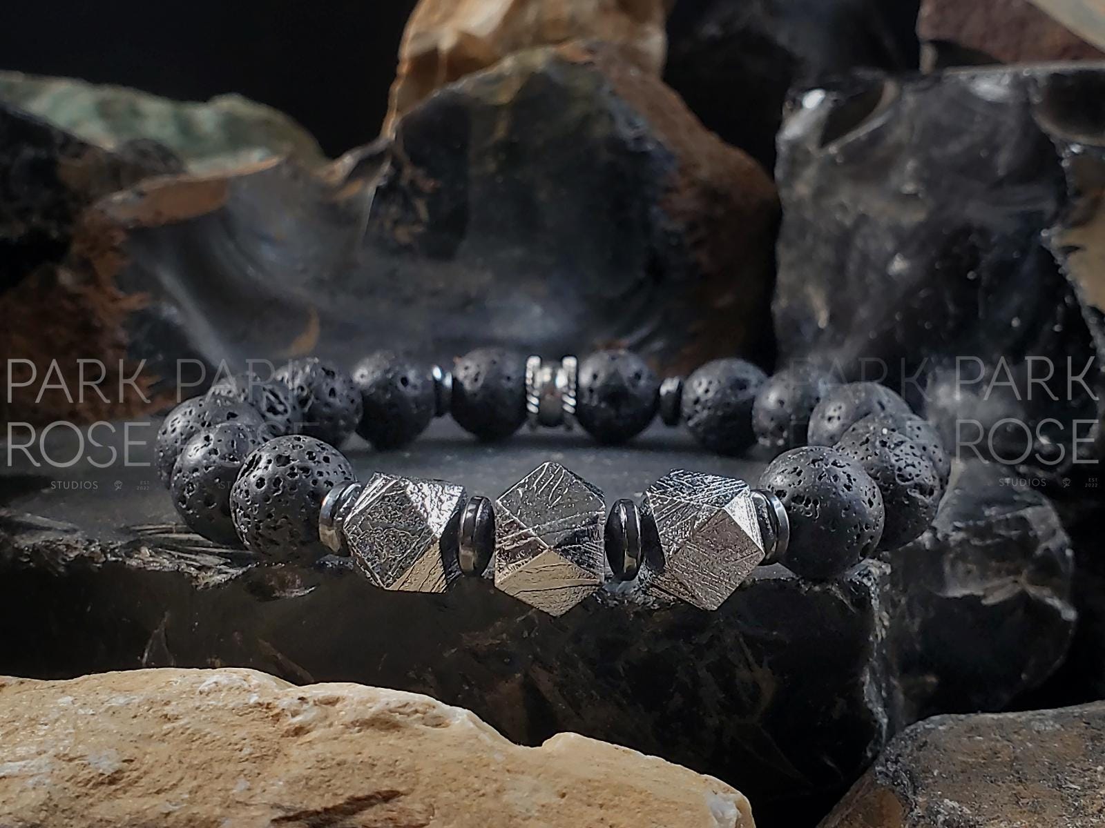 Certified Gibeon Meteorite Bracelet: Black Lava Diffuser(10mm)