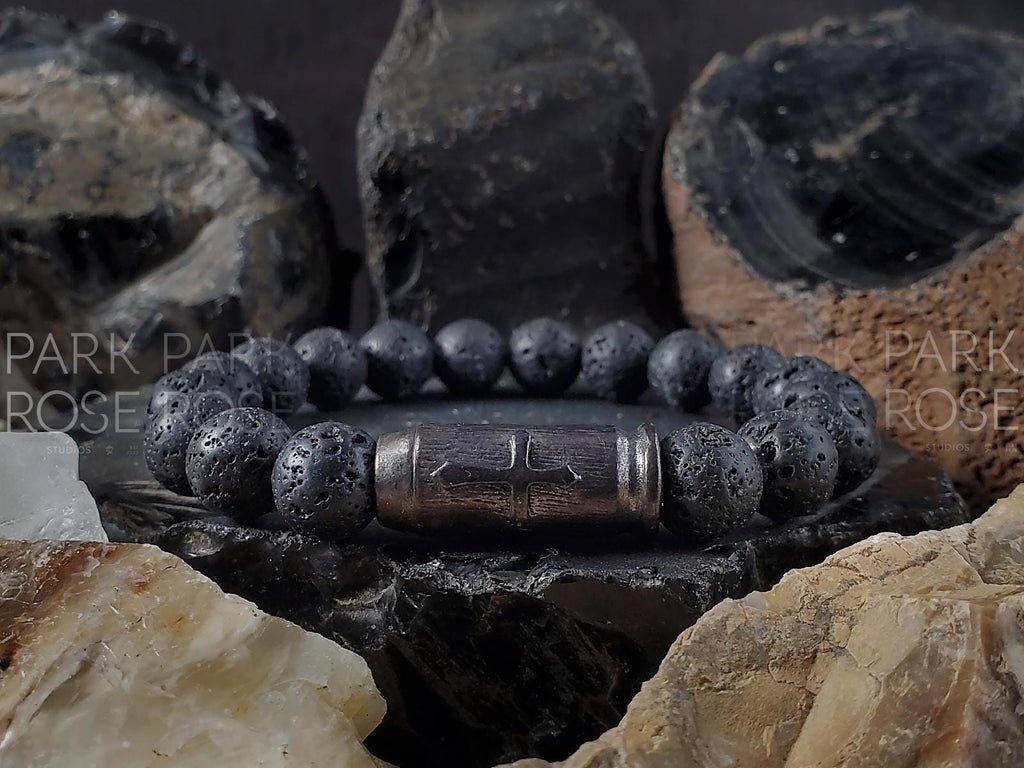 Black Lava Skull Cross Bracelet, Religious Bracelets