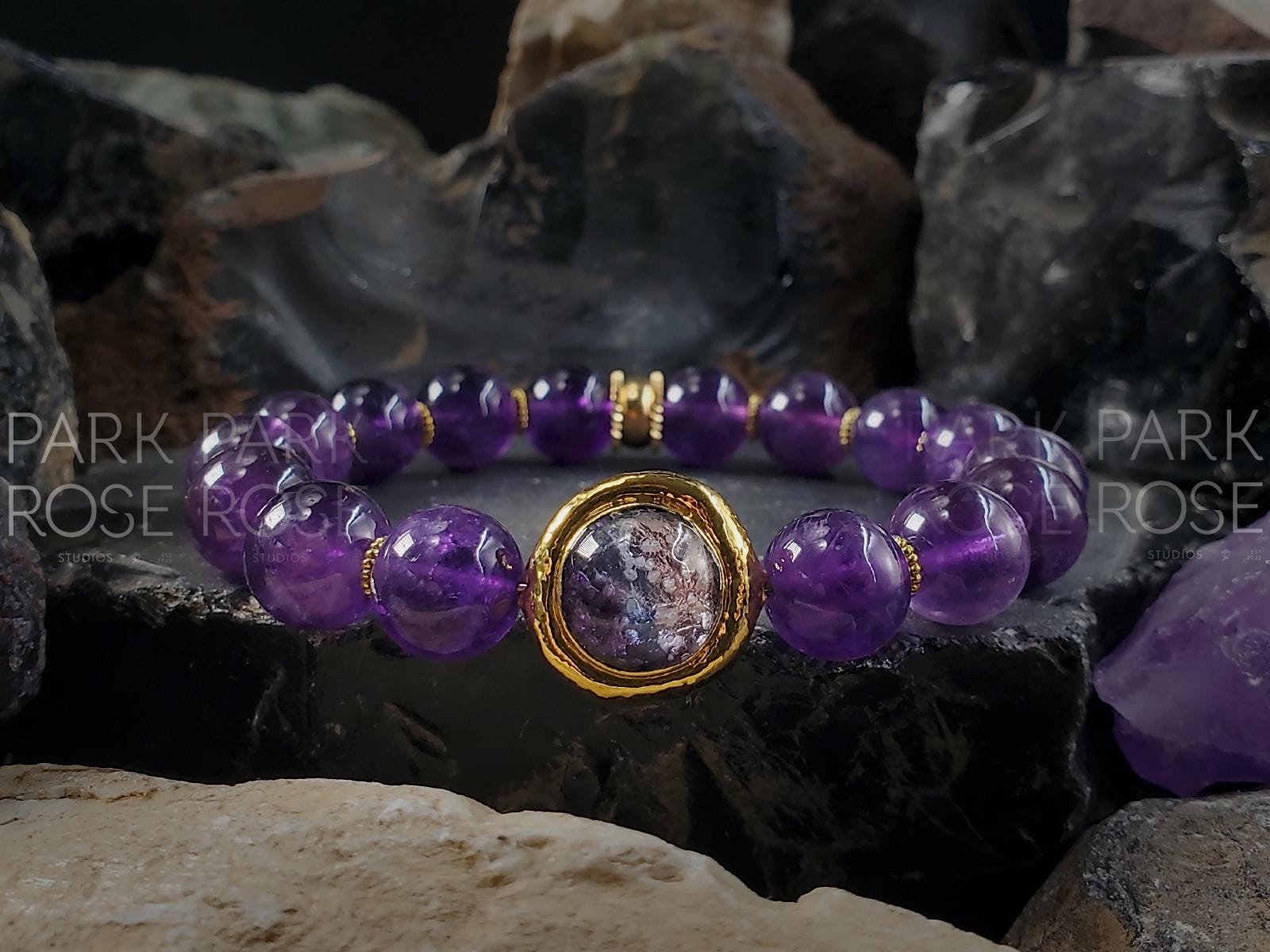 Amethyst Bracelet: Murano Glass, Gold Plated Bead