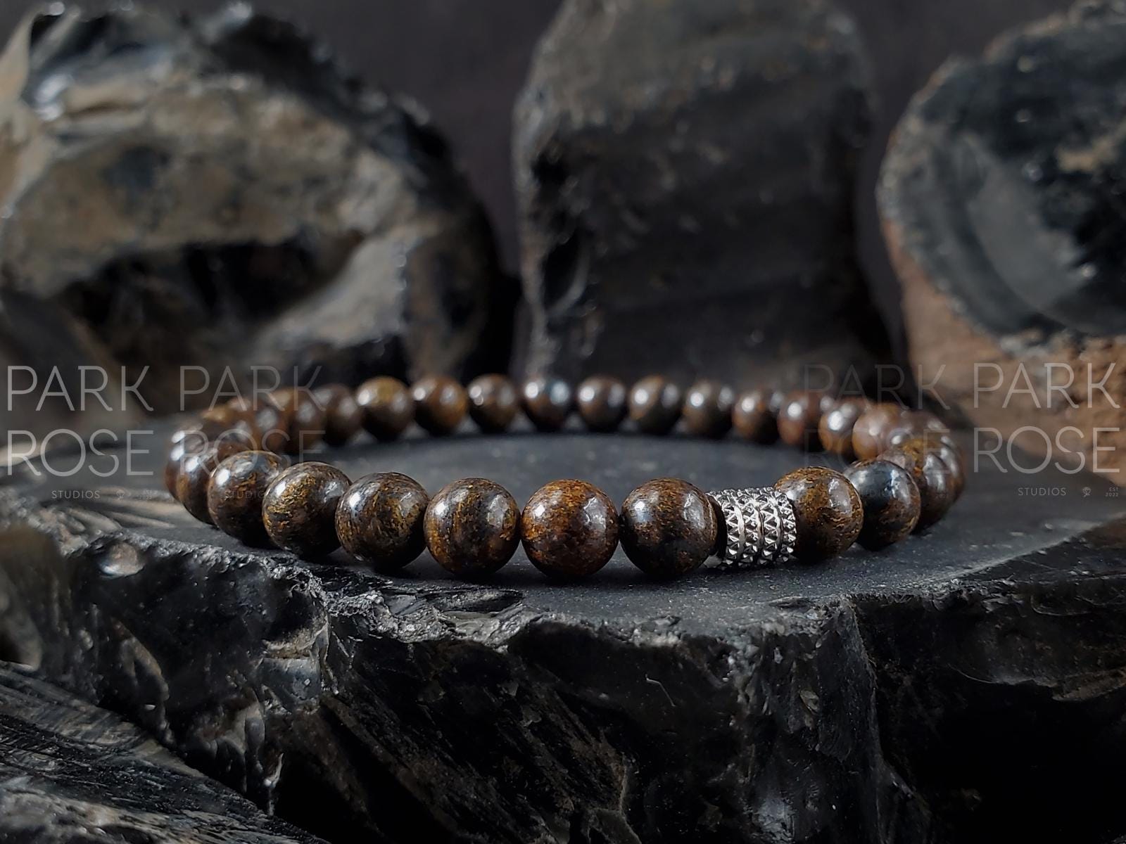AAAA Madagascar Bronzite Bracelet: Stainless Steel Accent (6/8/10mm)
