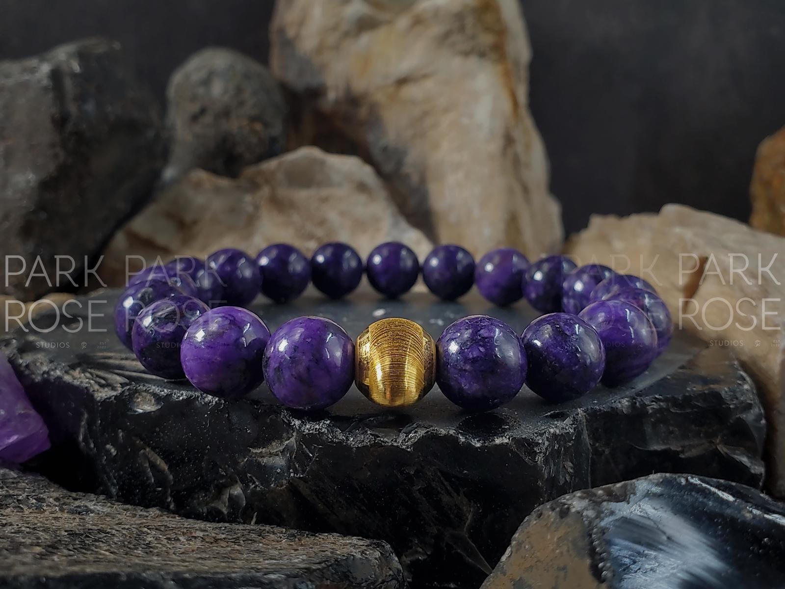 AAA Charoite Bracelet with 24K Gold Cat Eye Bead (6/8/10mm)