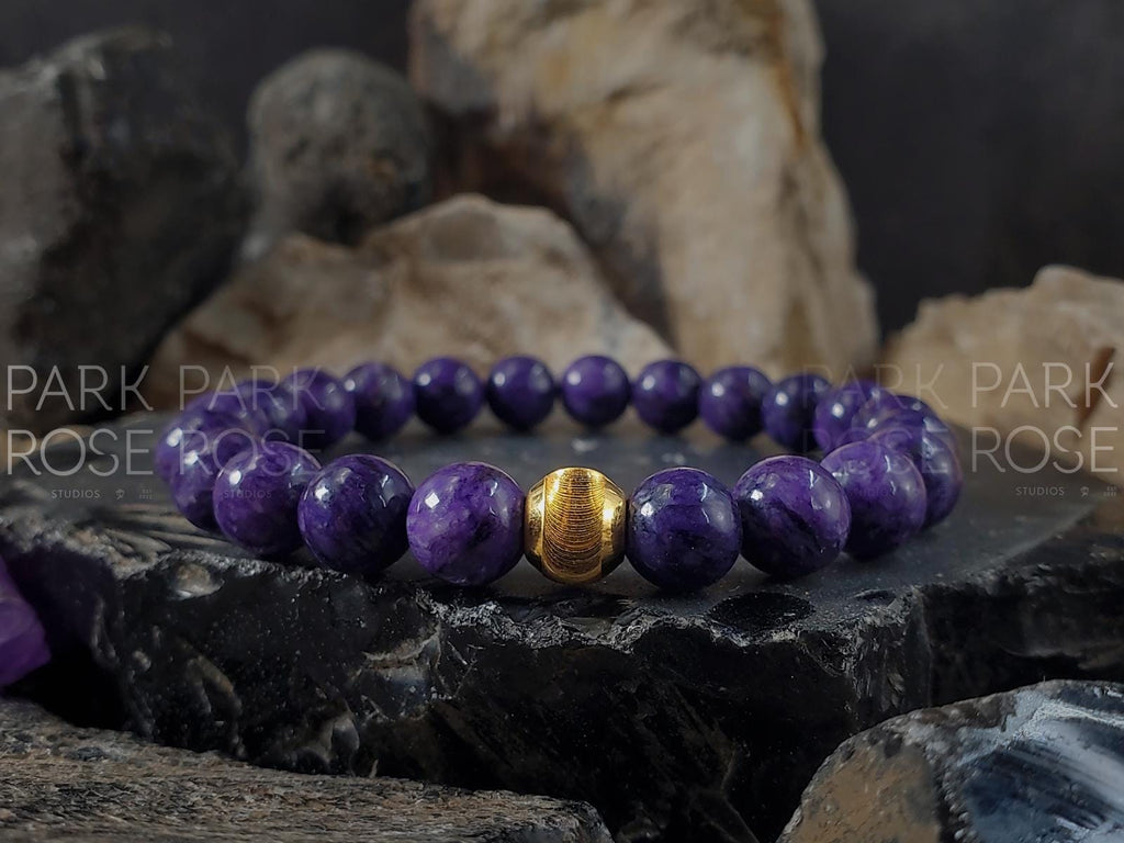AAA Charoite Bracelet with 24K Gold Cat Eye Bead (6/8/10mm)
