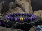 AAA Charoite Bracelet with 24K Gold Cat Eye Bead (6/8/10mm)