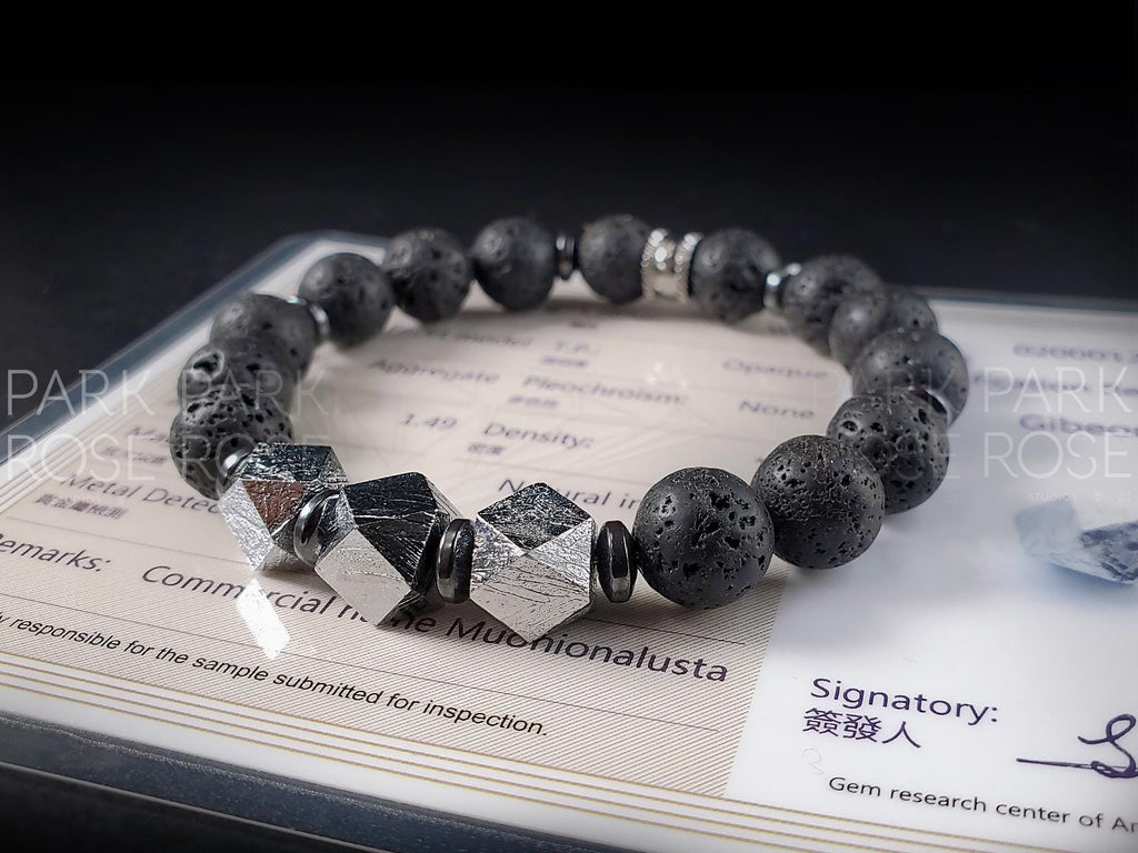 Certified Gibeon Meteorite Bracelet: Black Lava Diffuser(10mm)