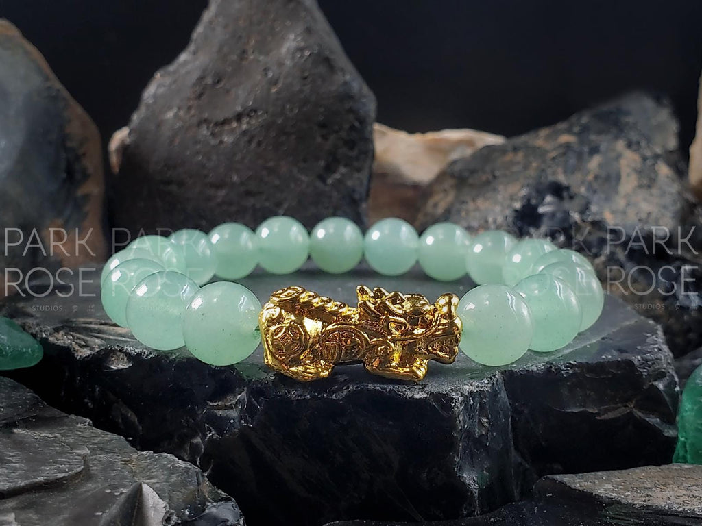 Green Aventurine Bracelet: 24K Gold Plated Pixiu