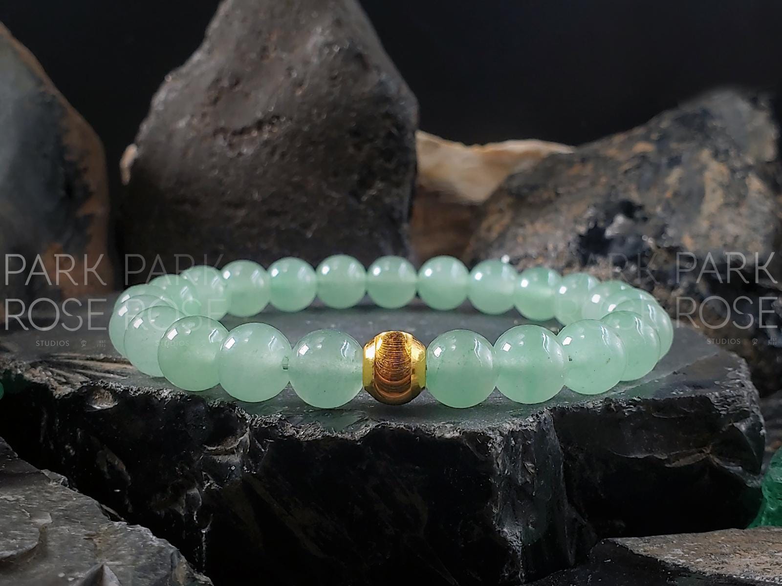 Green Aventurine Bracelet with 24K Solid Gold Cat Eye Bead