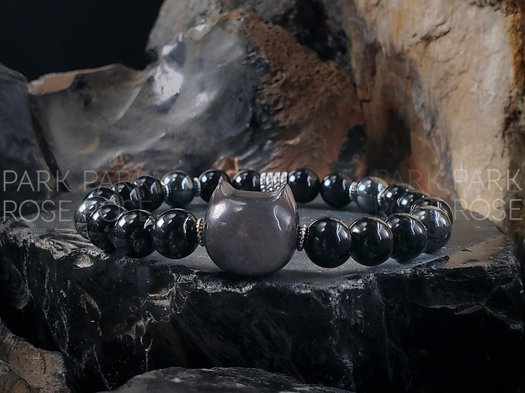 Obsidian Cat Bracelet: Black Tourmaline & Hematite Crystal (8mm)