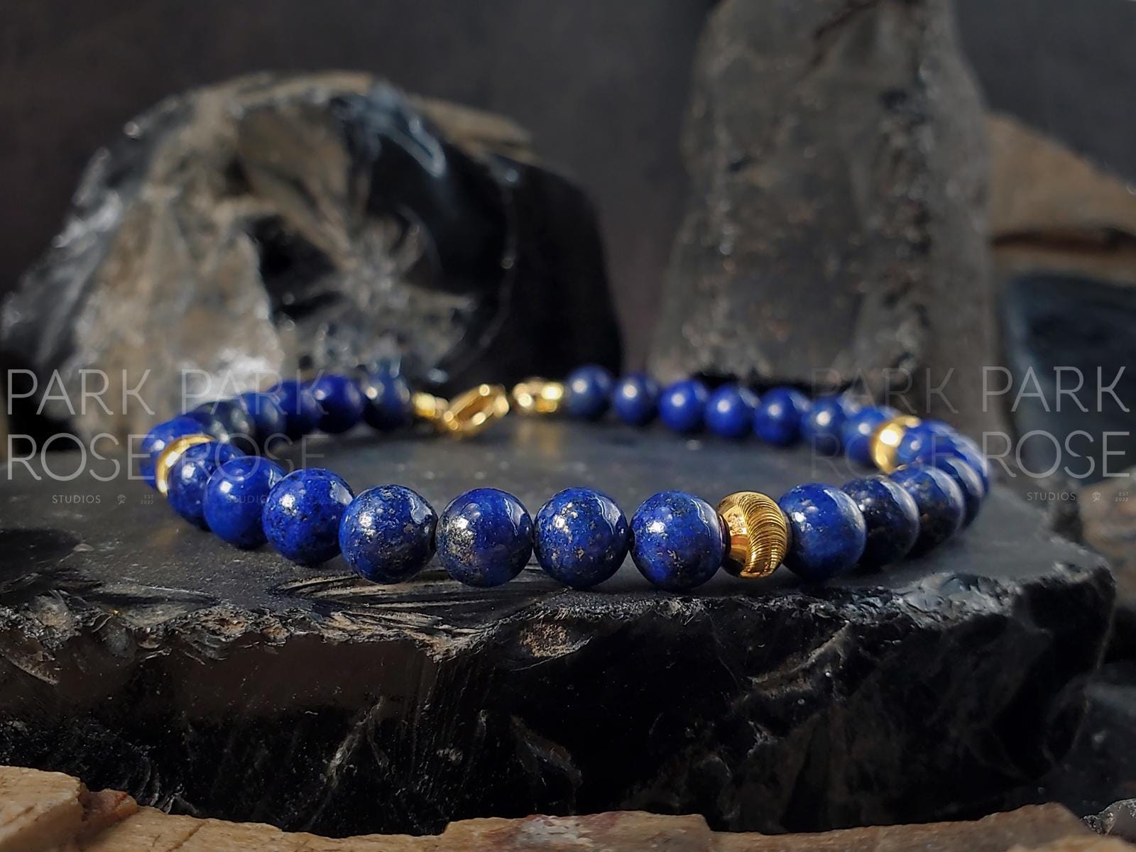 Lapis Lazuli Bracelet with 24K Gold Cat Eye Beads (6mm)