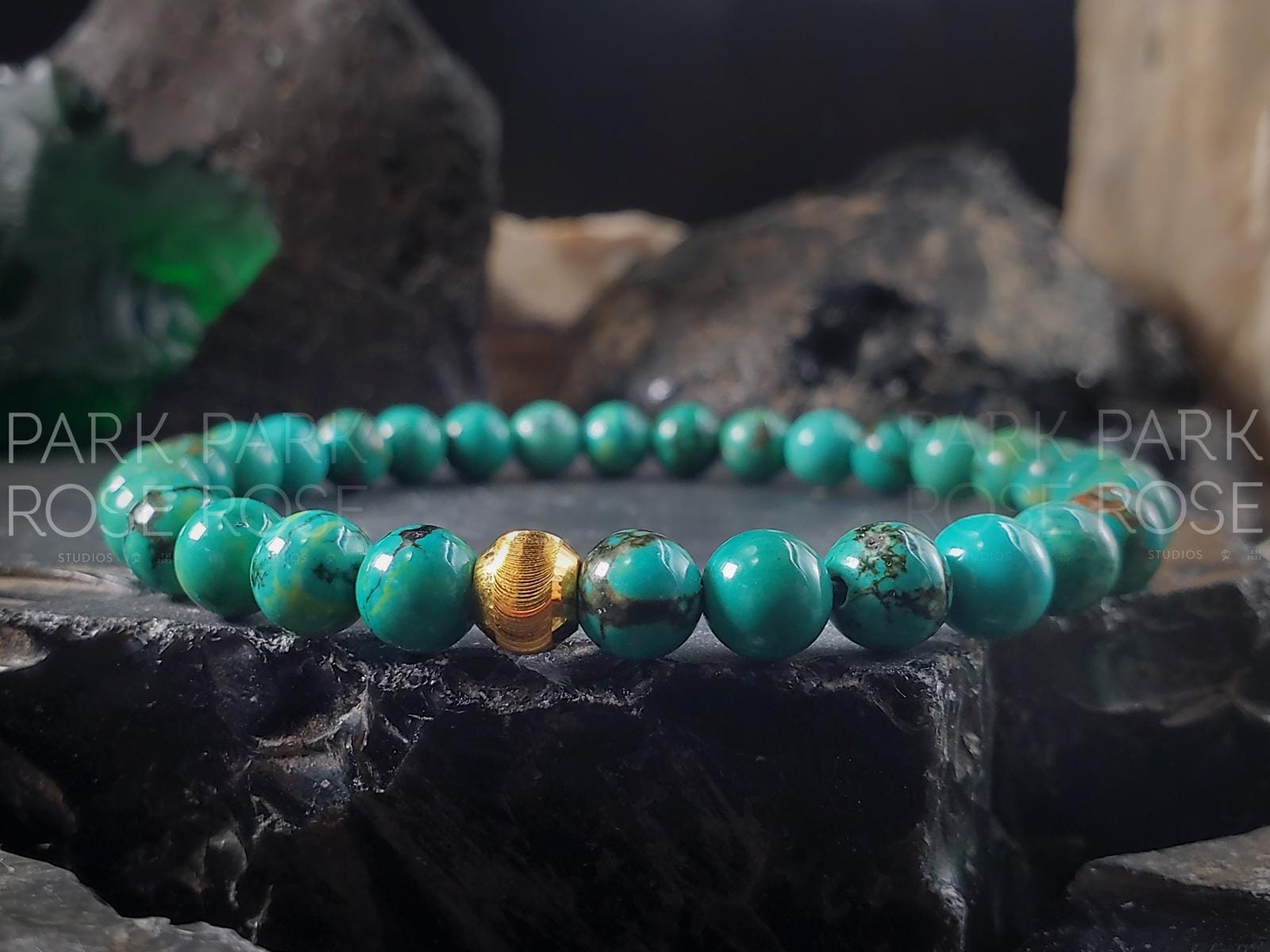 Hubei Green Turquoise Bracelet: 24K Gold Cat Eye Bead
