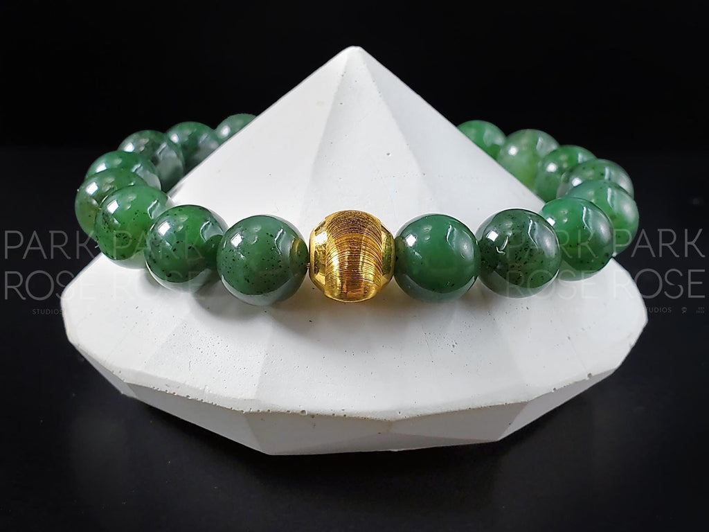 Nephrite Green Jade Bracelet: 24K Gold Cat Eye Bead (10mm)