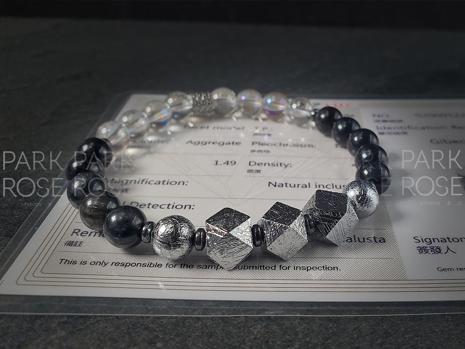 Gibeon Meteorite Bracelet: Angel Aura Quartz & Arfvedsonite (8mm)