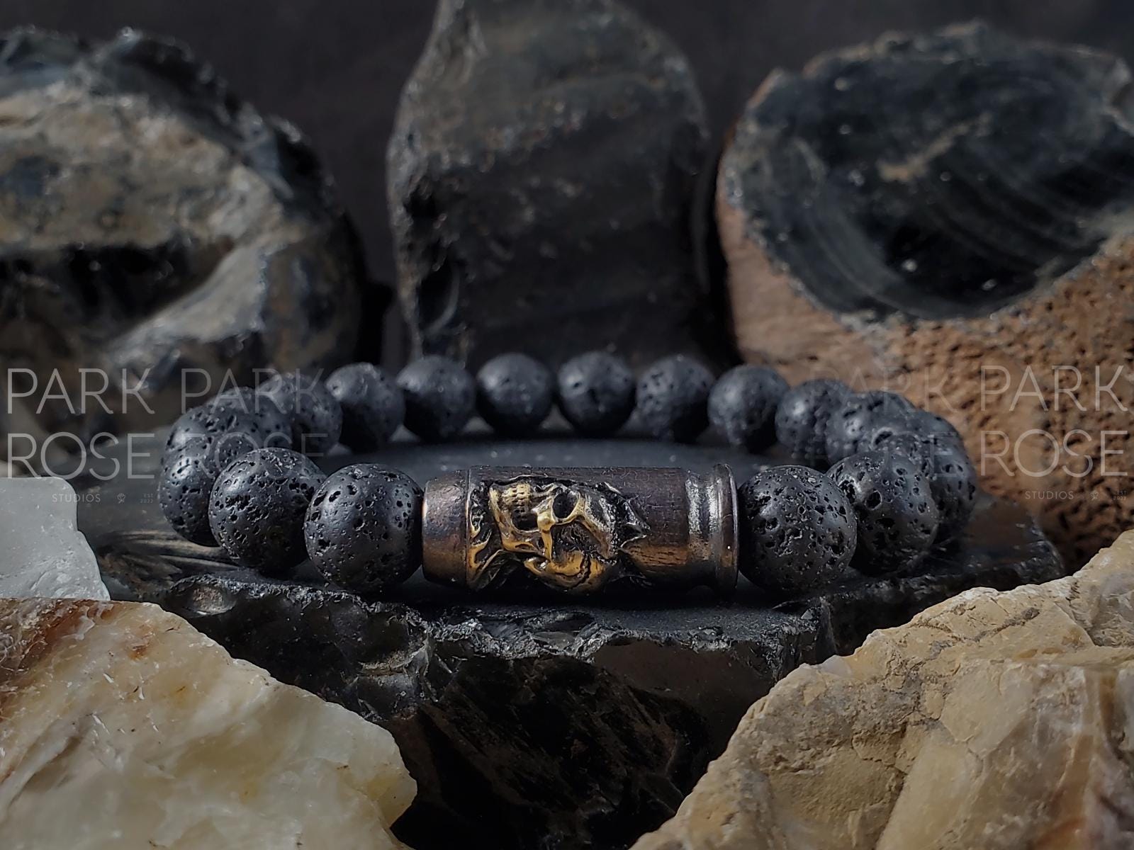 Black Lava Skull Cross Bracelet, Religious Bracelets