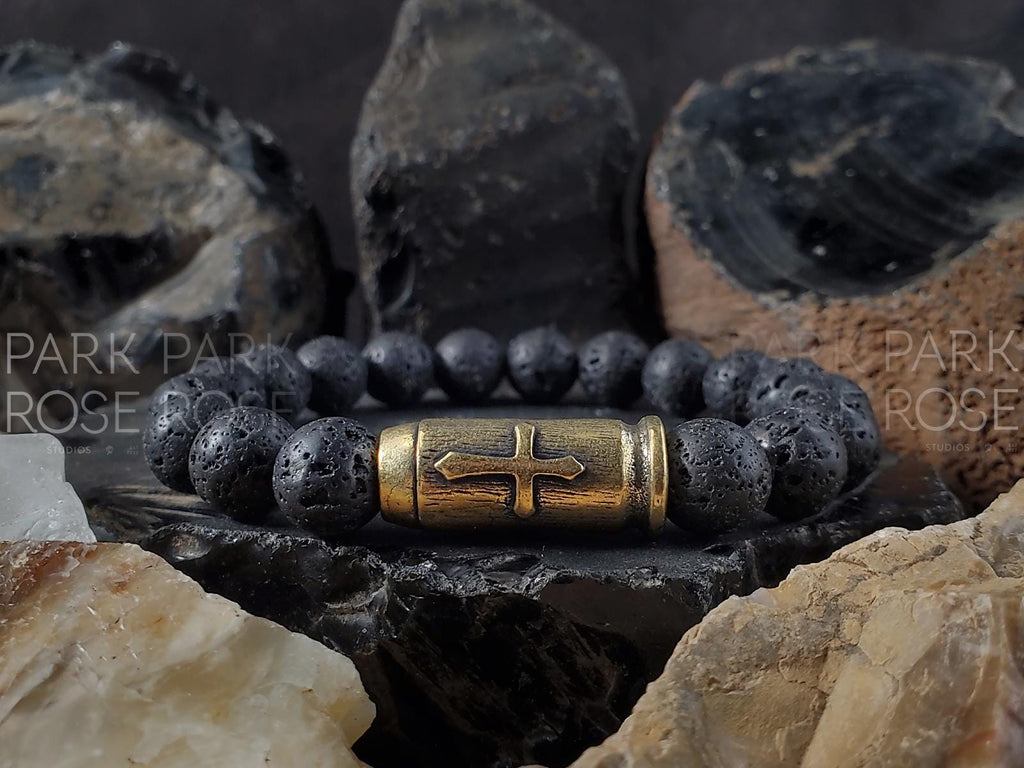 Black Lava Skull Cross Bracelet, Religious Bracelets