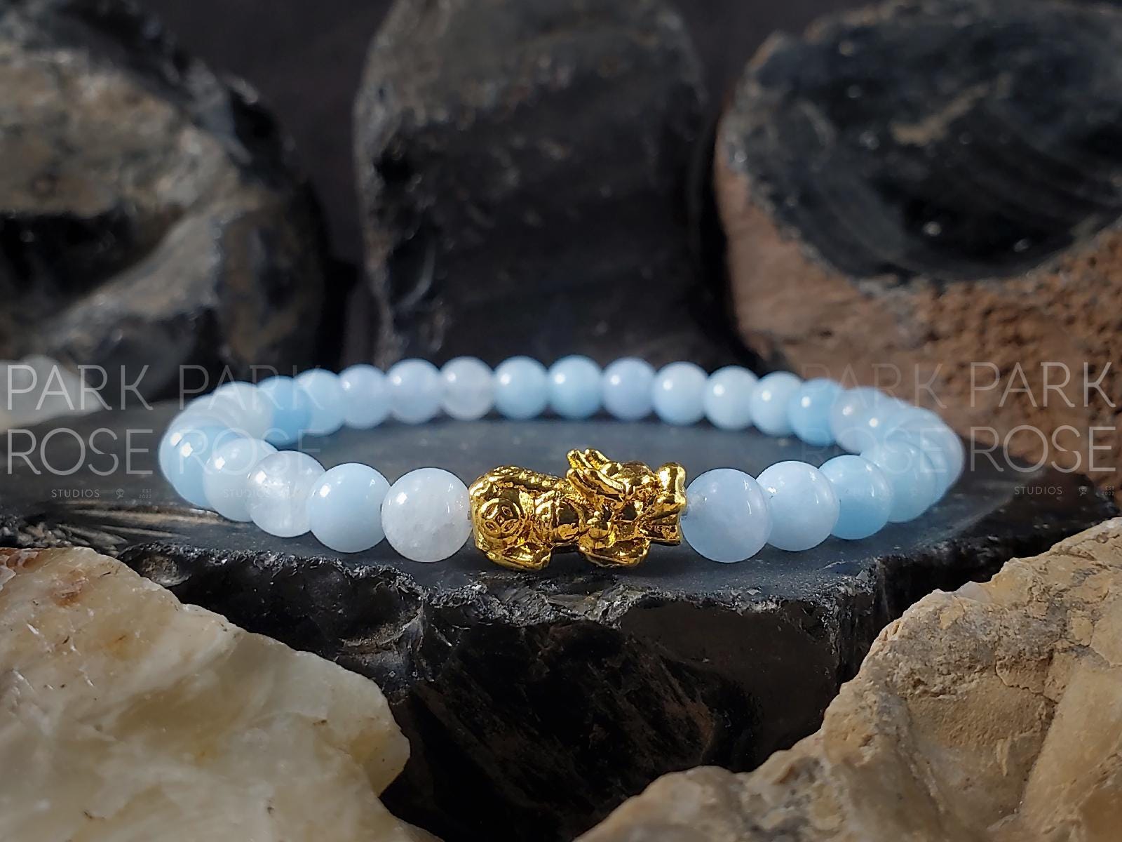 AAA Aquamarine Bracelet with 24K Gold Pixiu Charm