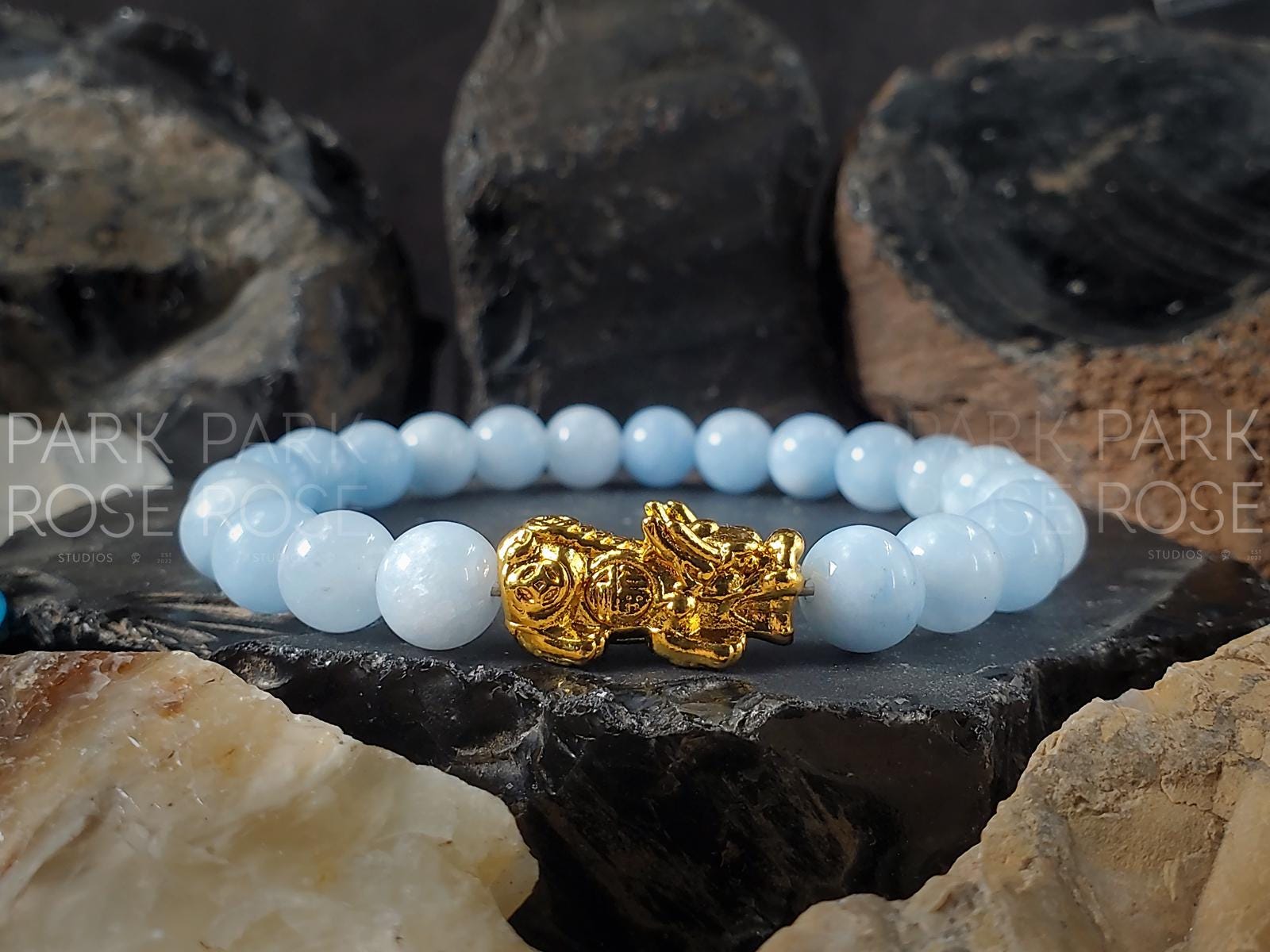 AAA Aquamarine Bracelet with 24K Gold Pixiu Charm
