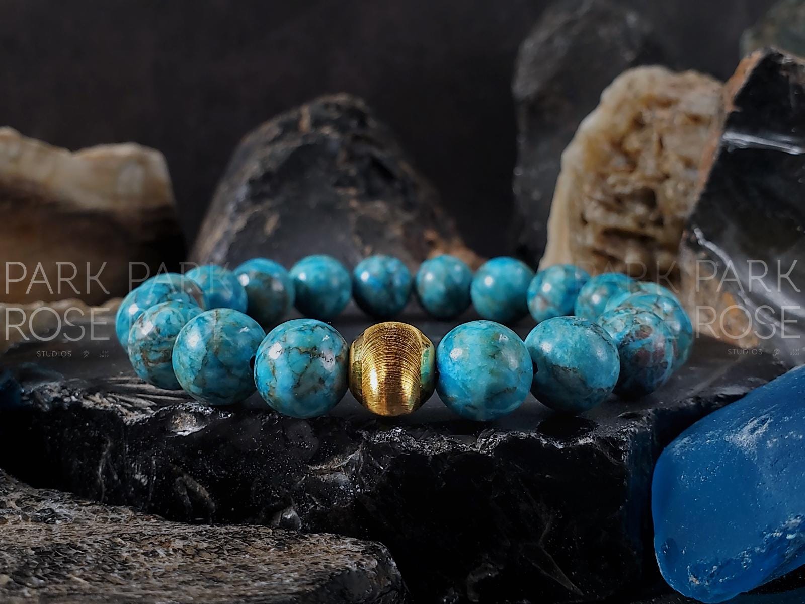 South African Turquoise Bracelet: 24K Gold Cat Eye Bead