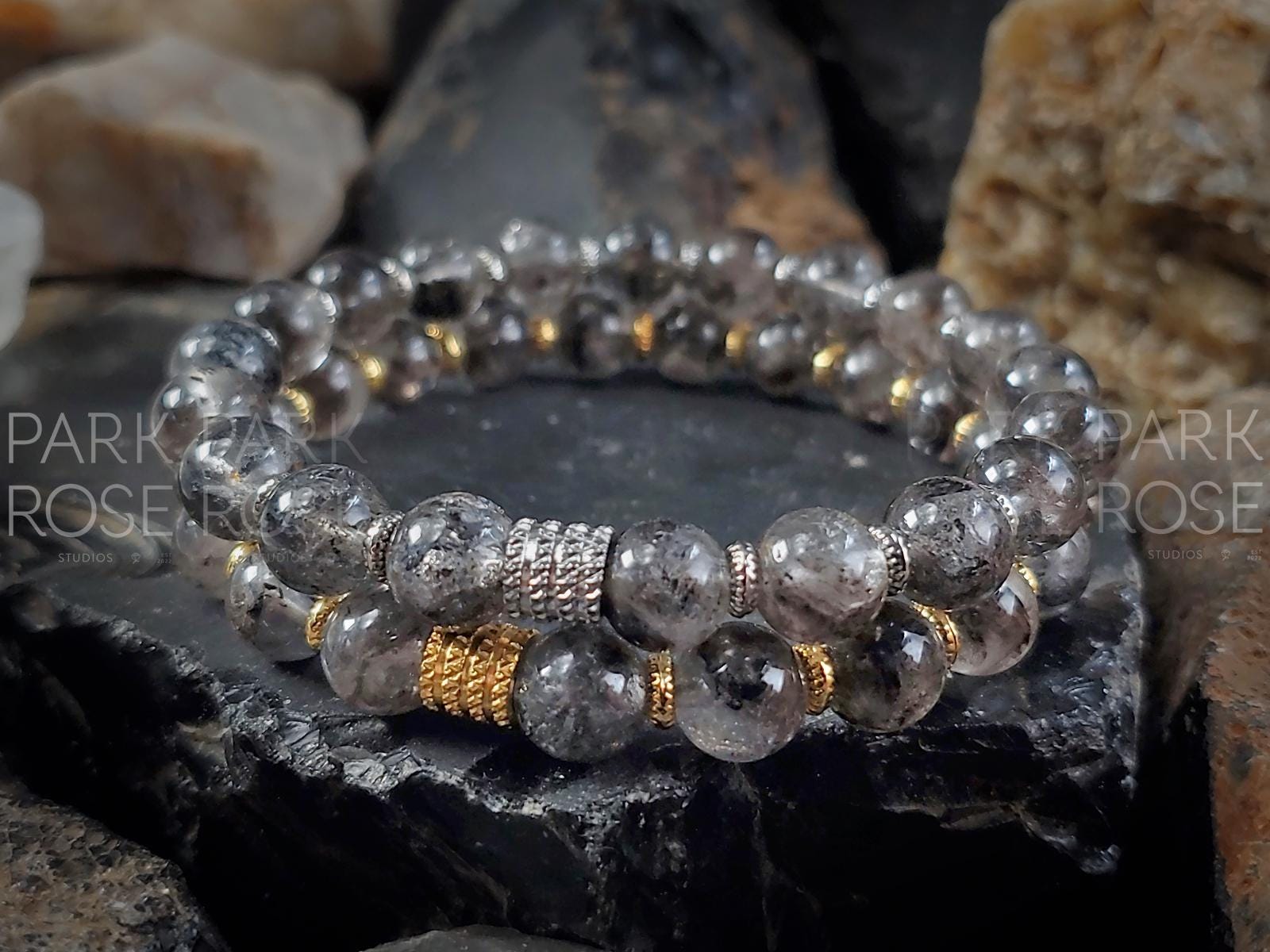 Herkimer Diamond Quartz Bracelet: 24k Gold/Silver Accents (8mm)