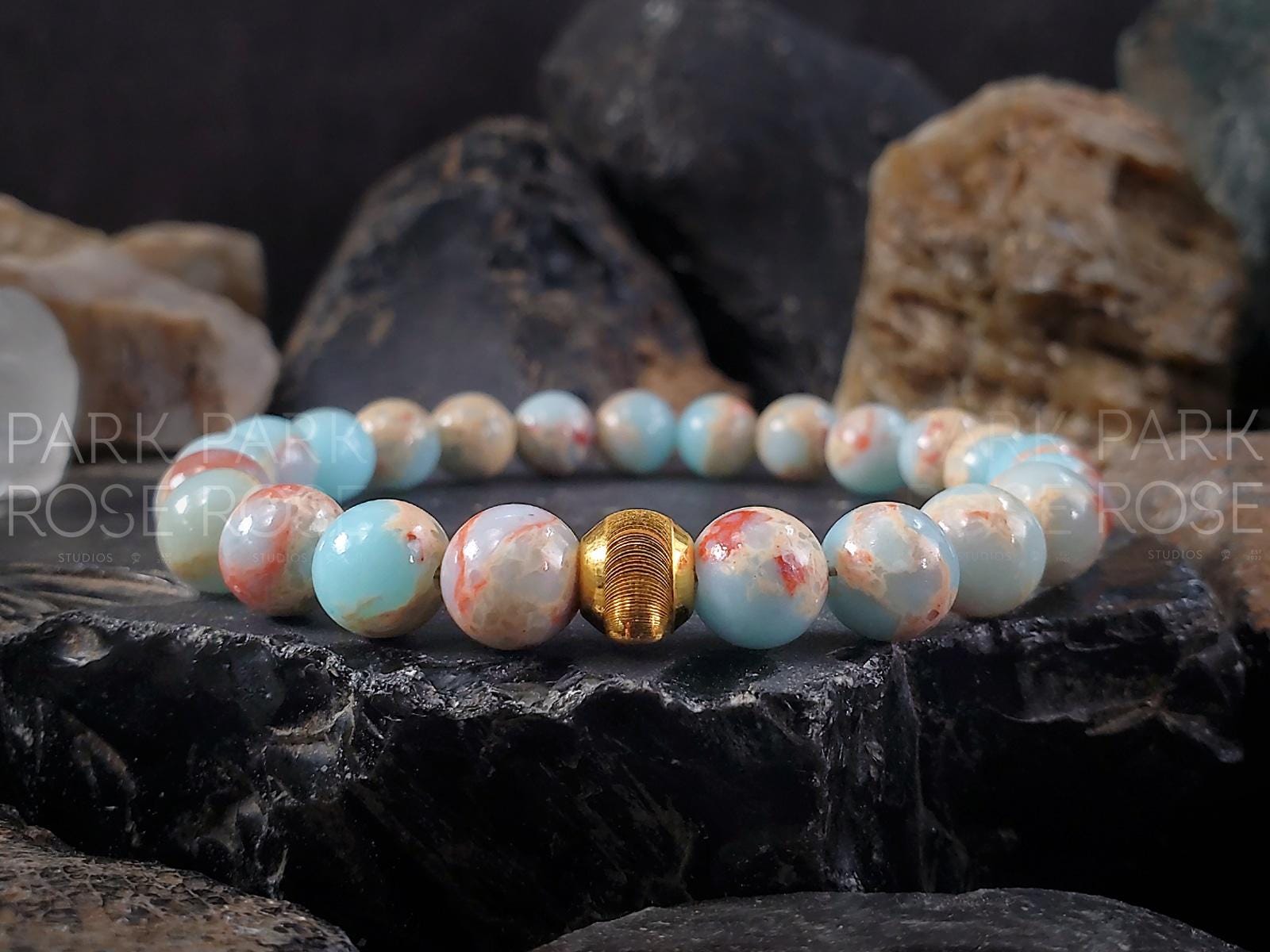 Aqua Terra Jasper Gemstone Bracelet: 24K Solid Gold Cat Eye Bead (6/8/10mm)