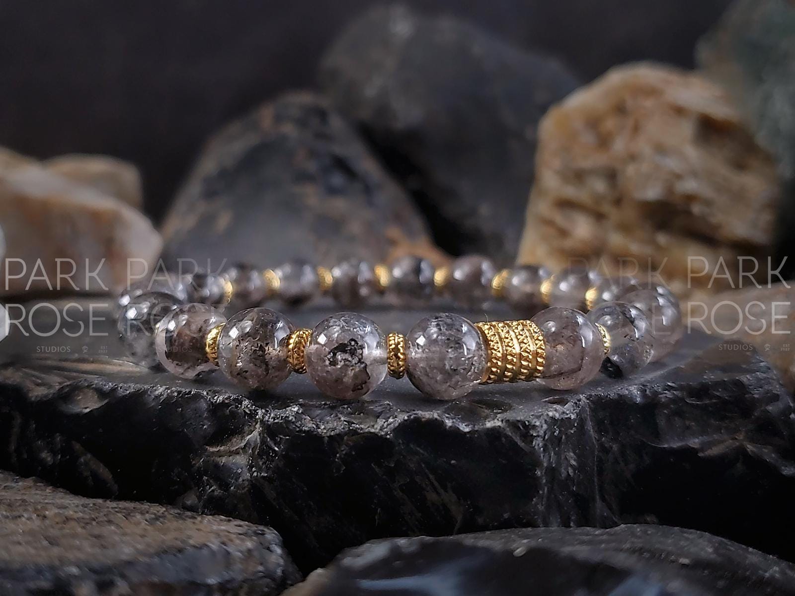 Herkimer Diamond Quartz Bracelet: 24k Gold/Silver Accents (8mm)