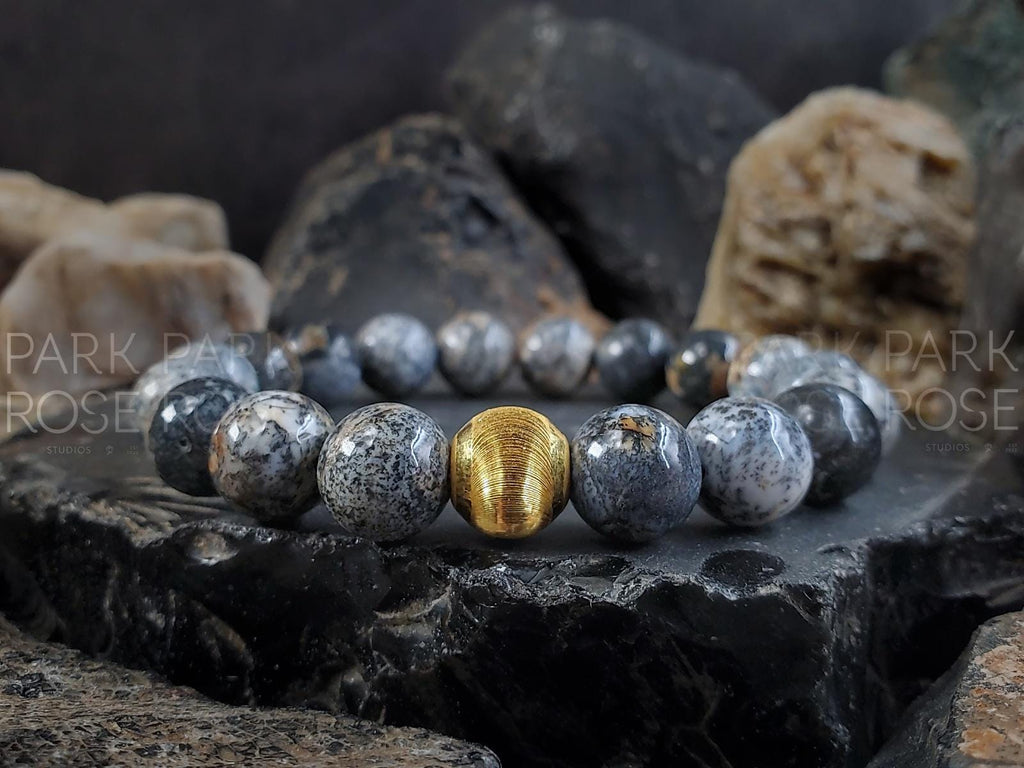 Natural Black Opal Bead Bracelet: 24K Solid Gold Cat Eye Accent