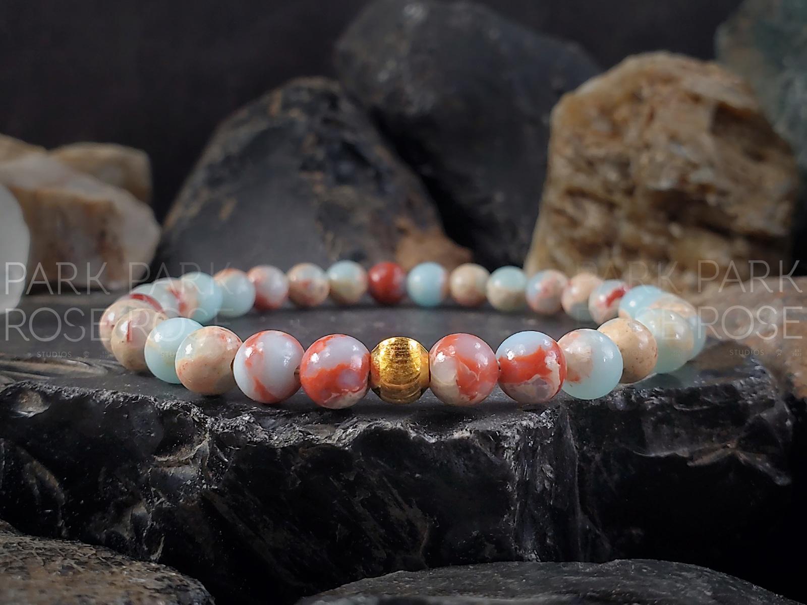 Aqua Terra Jasper Gemstone Bracelet: 24K Solid Gold Cat Eye Bead (6/8/10mm)