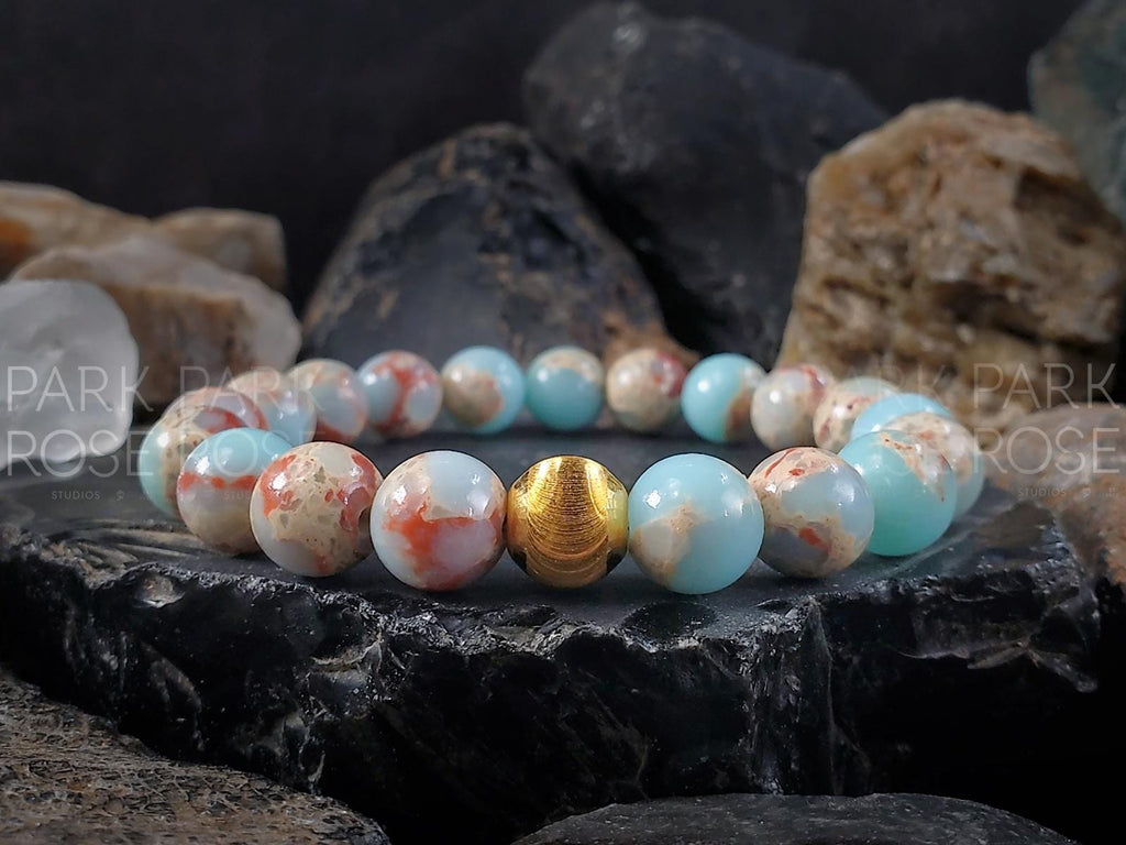 Aqua Terra Jasper Gemstone Bracelet: 24K Solid Gold Cat Eye Bead (6/8/10mm)