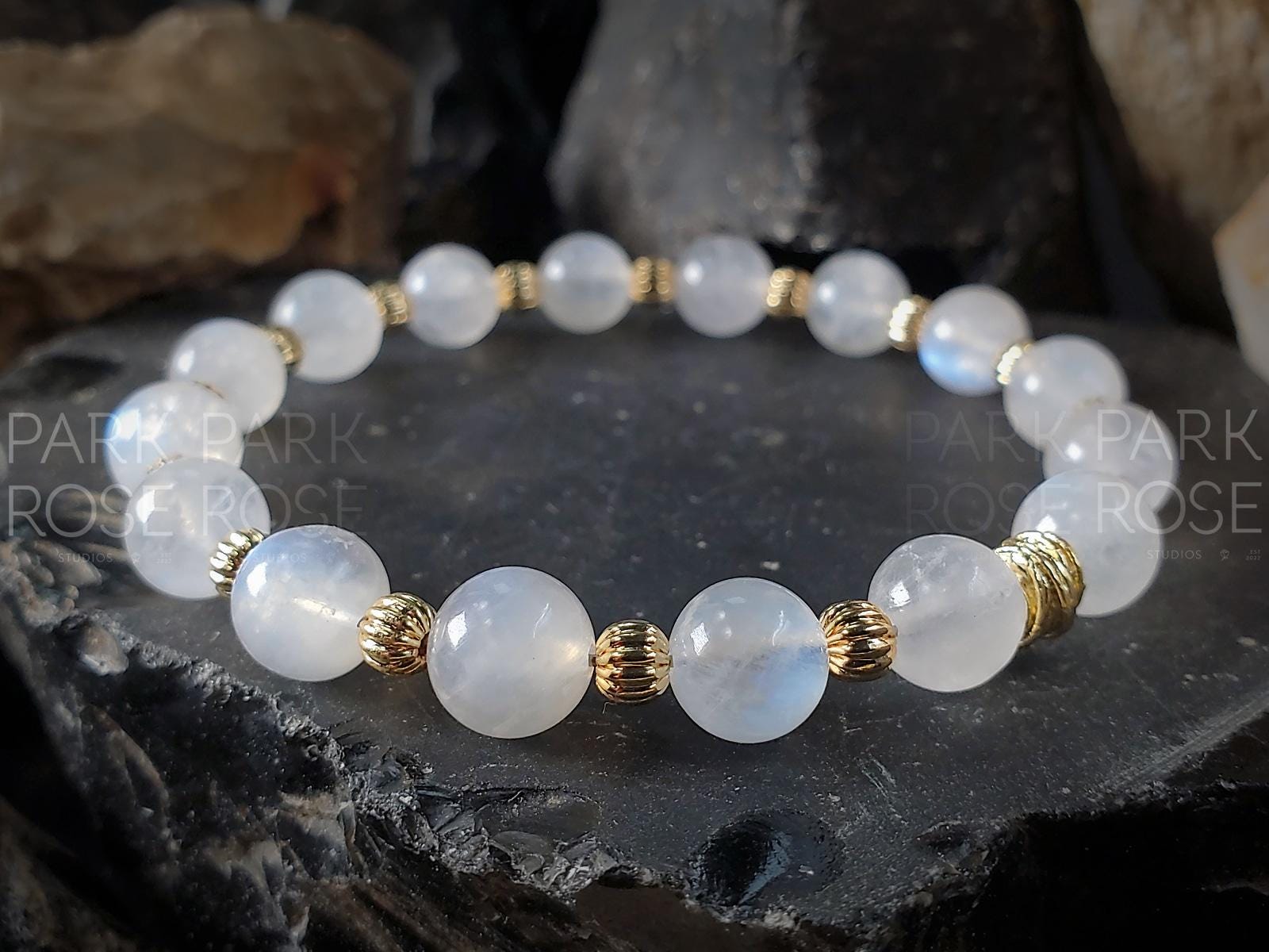 Transparent Moonstone Bracelet: Gold Filled/Sterling Silver Corrugated Accents (8mm)